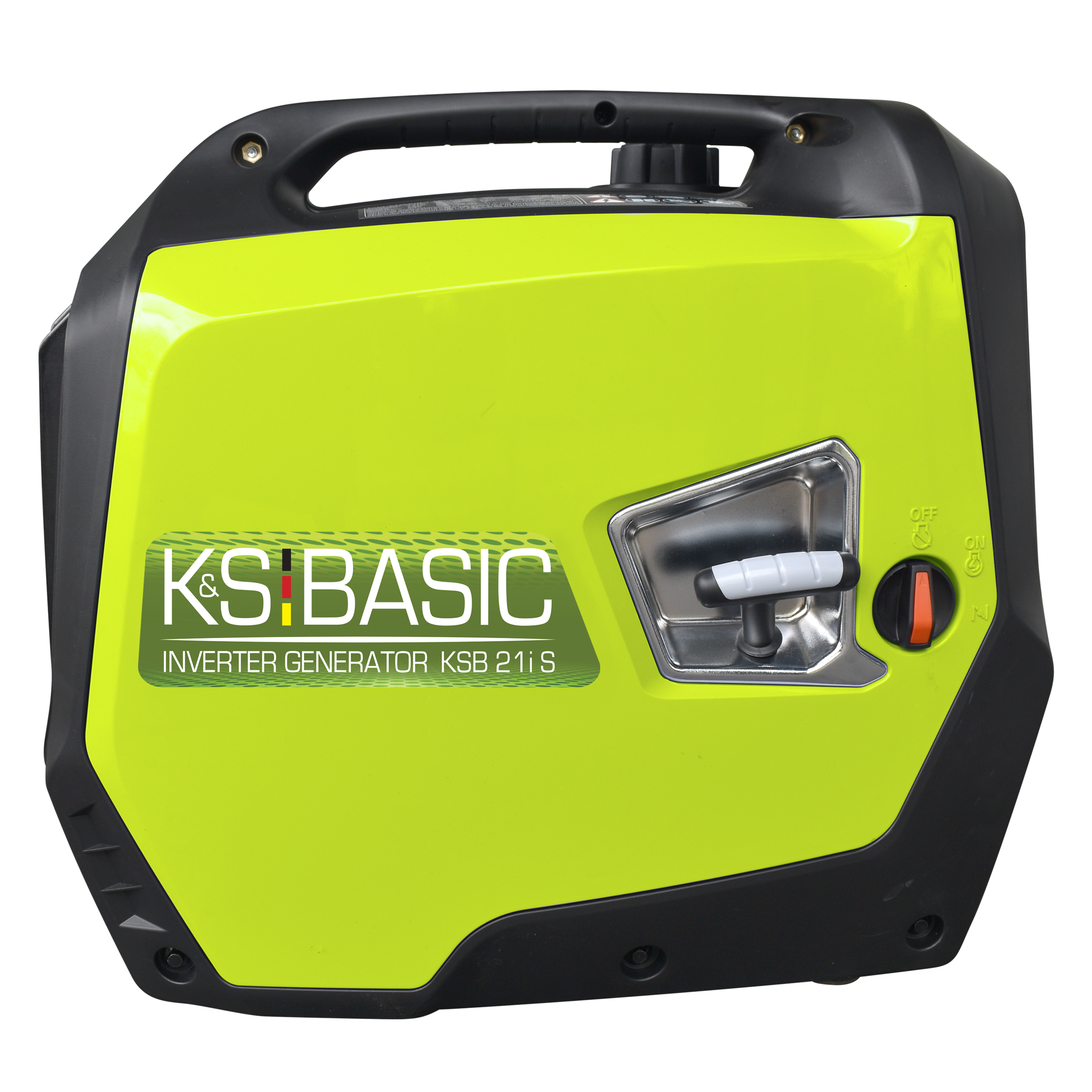 Zielony i czarny agregat inwertorowy KS & BASIC. Uchwyt na górze, panel sterowania z przodu. Czarne tło.