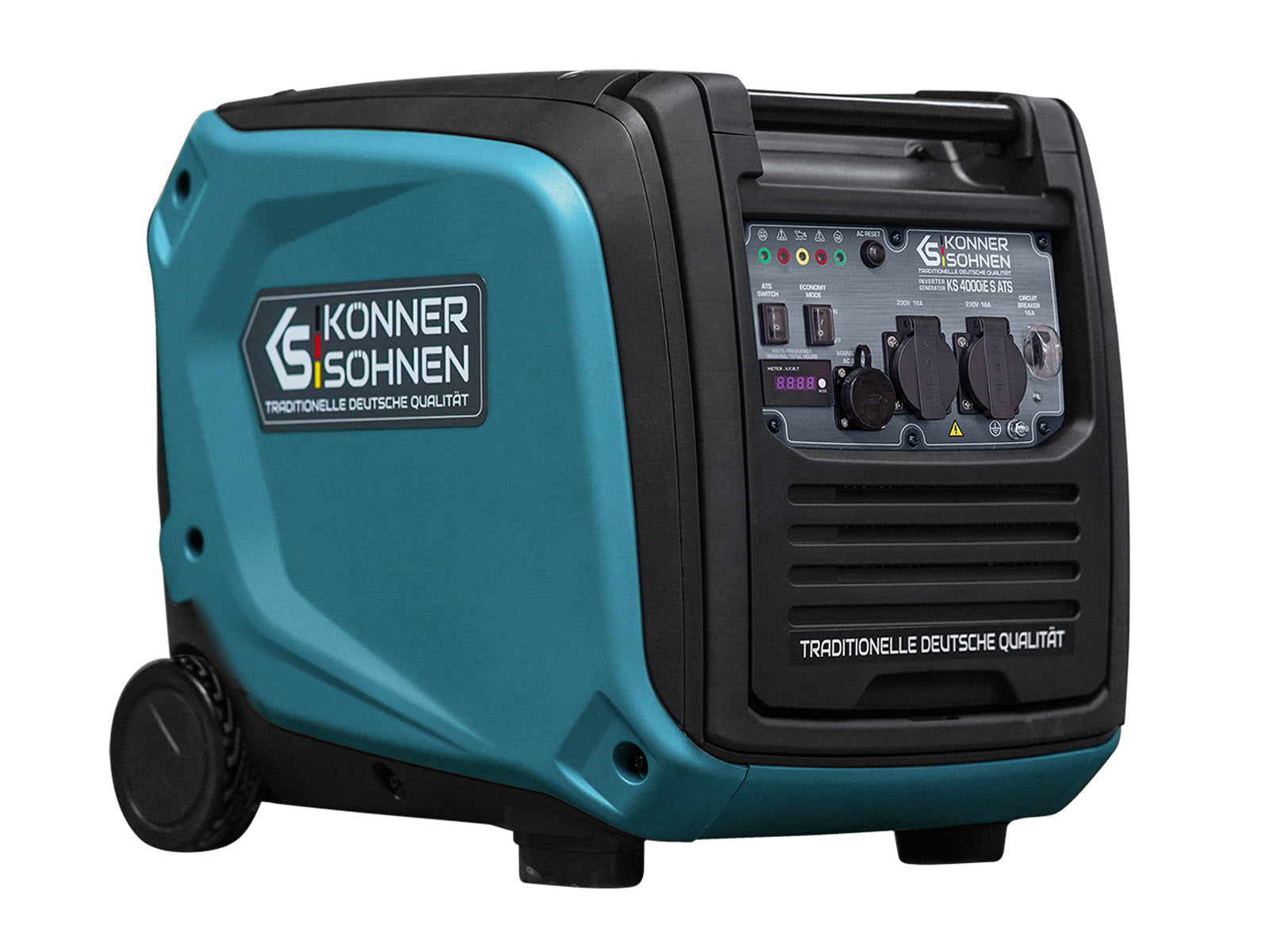 Un generador azul y negro con ruedas, una parte superior negra y un panel de control frontal.