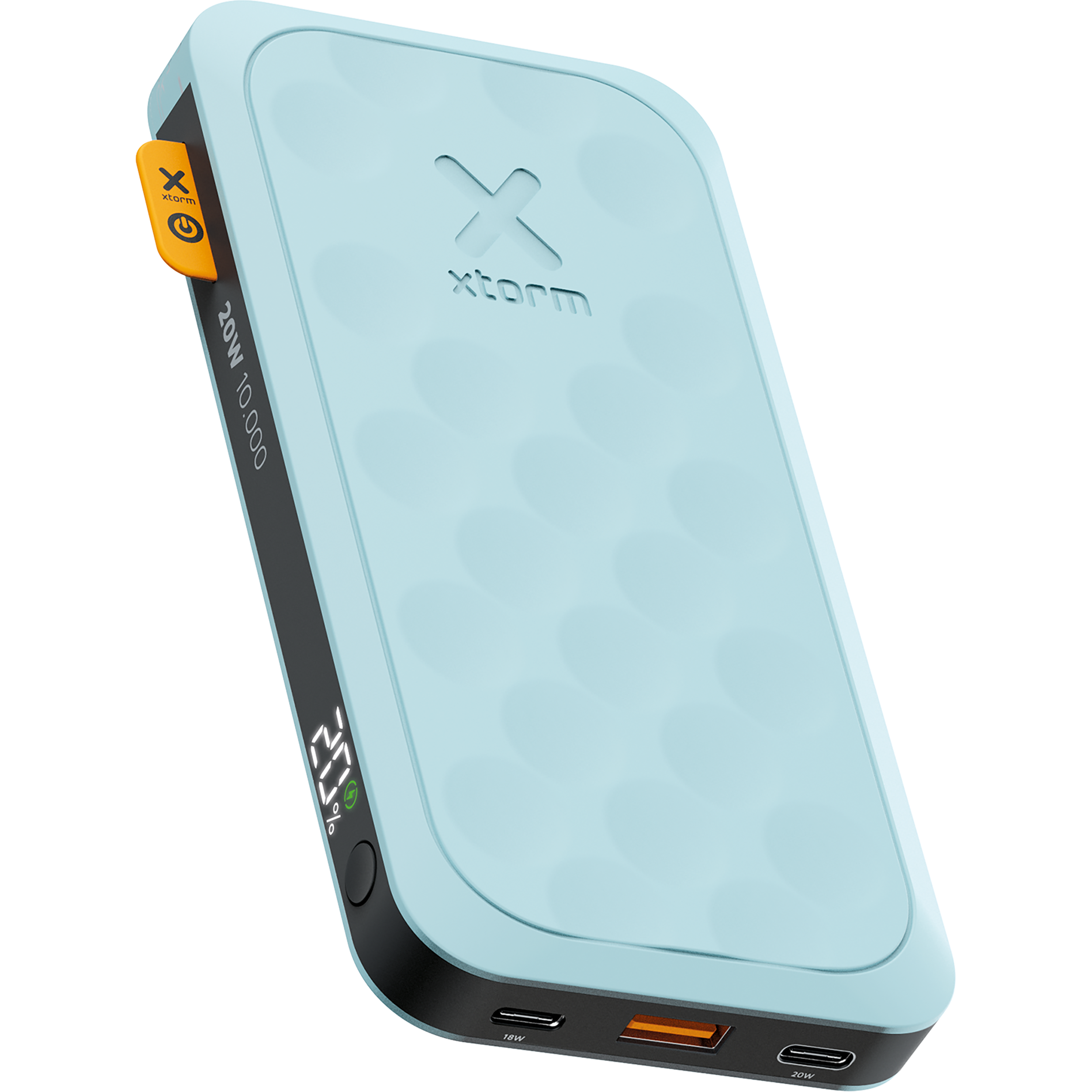Eine hellblaue Powerbank mit 20W, 10.000mAh Kapazität. Sie hat ein Display und verschiedene Anschlüsse.