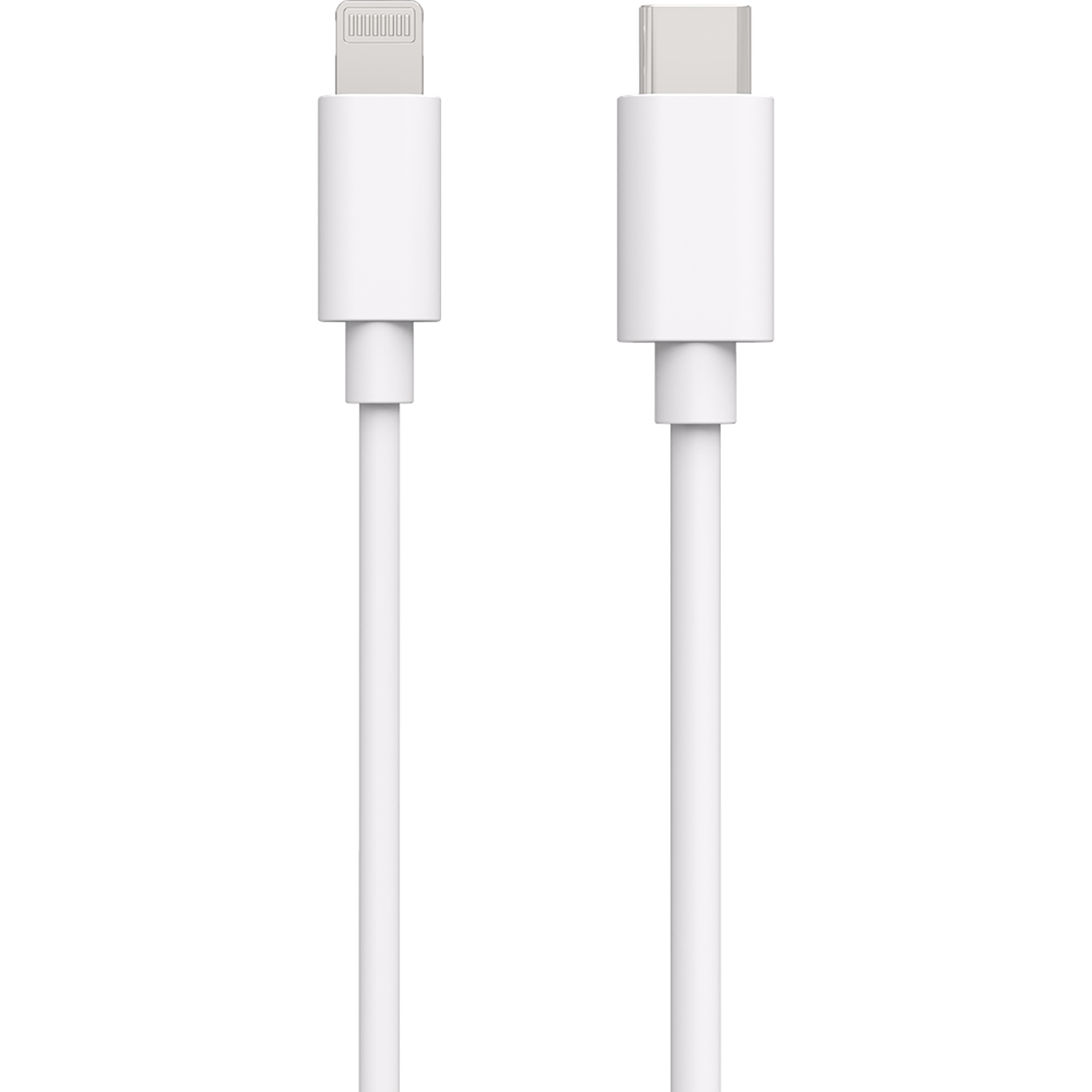 Weiße Ladekabel mit Lightning- und USB-C-Anschlüssen.