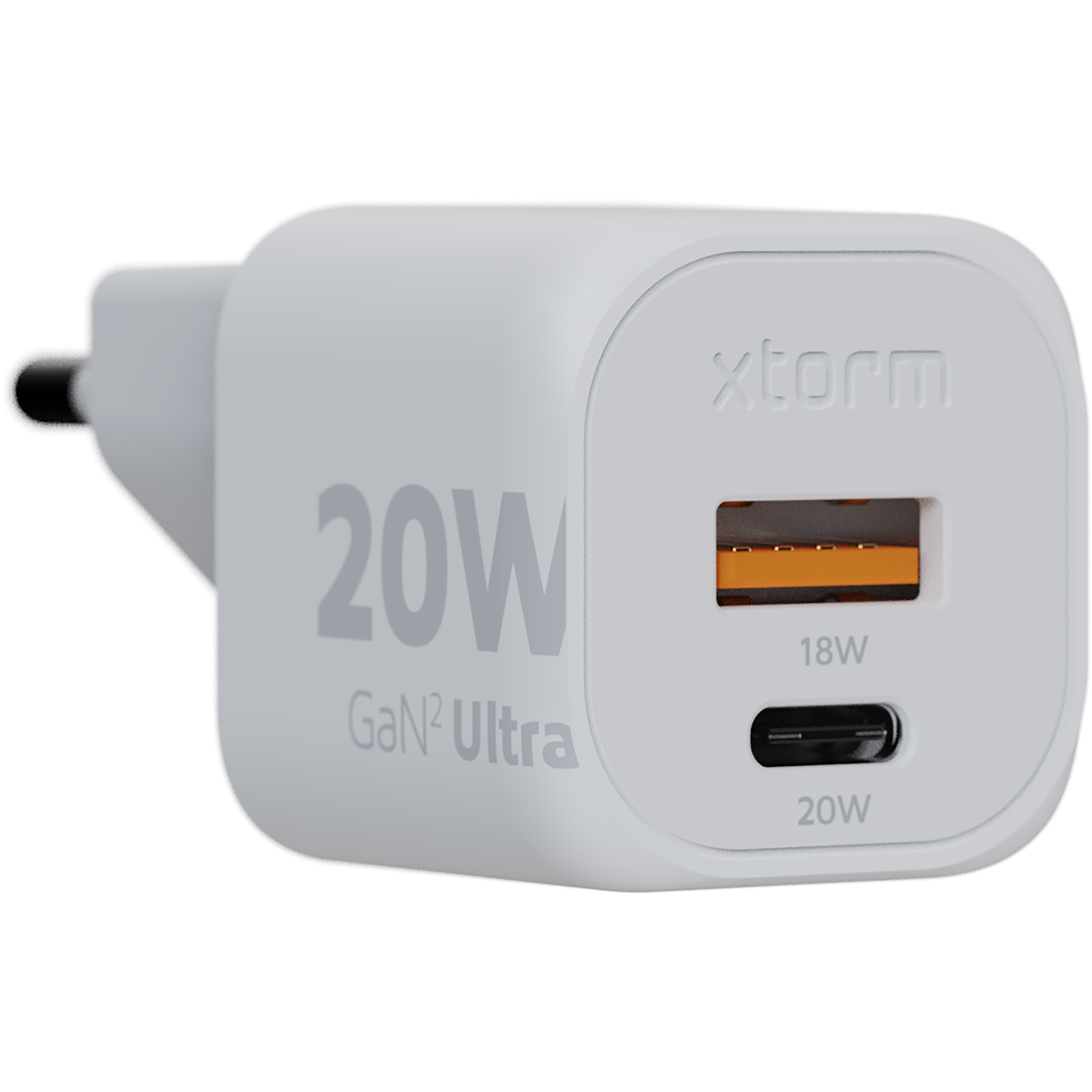 Ein weißes 20W GaN² Ultra Ladegerät mit zwei Anschlüssen.