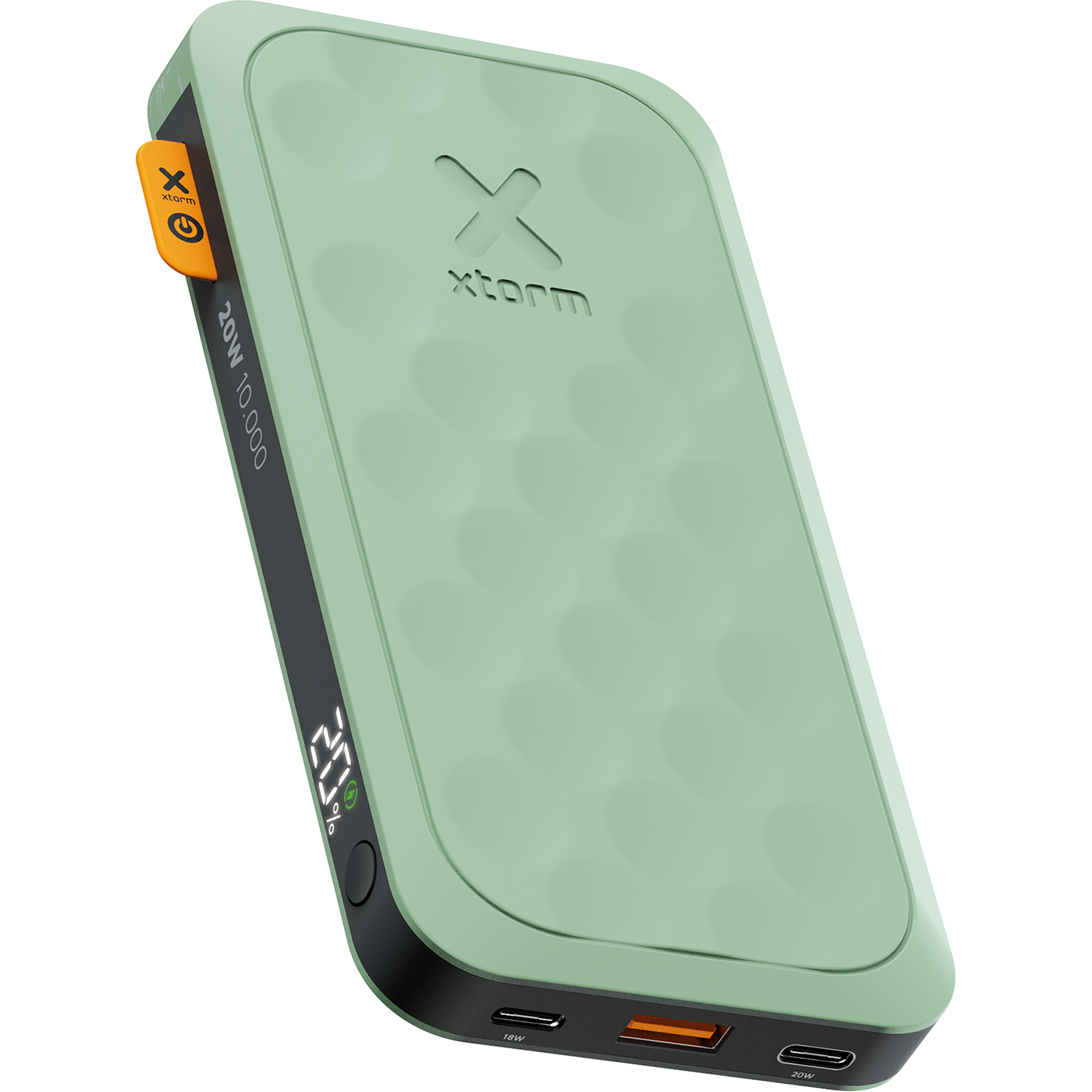 Eine grüne Powerbank mit strukturierter Oberfläche, orangefarbenem Knopf und Digitalanzeige.