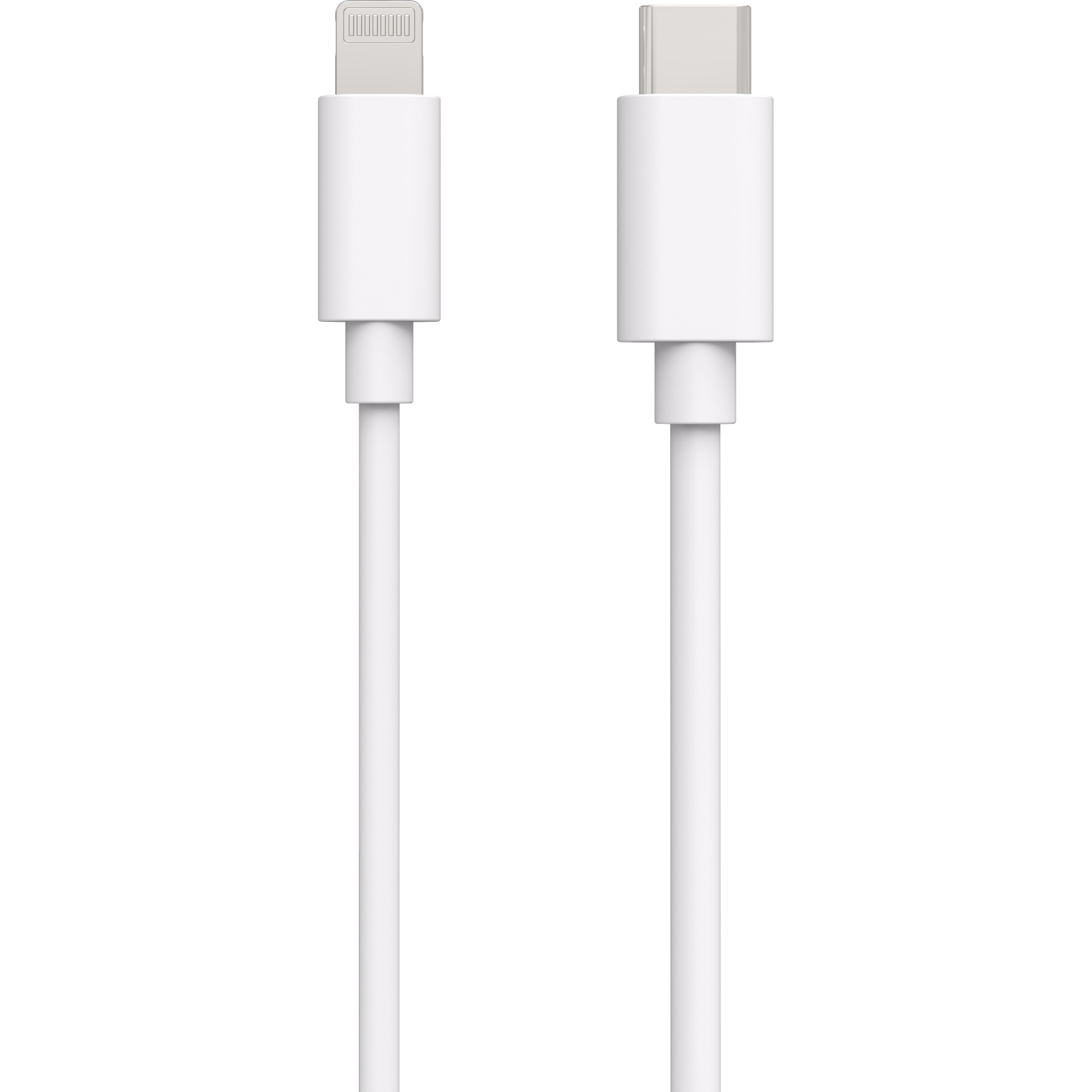 Zwei weiße Ladekabel mit unterschiedlichen Anschlüssen. Eines ist Lightning, das andere USB-C. Schwarzer Hintergrund.