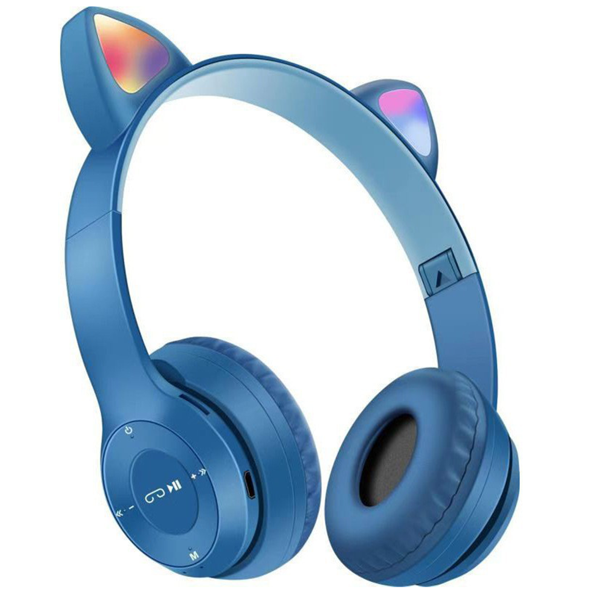 Blaue kabellose Kopfhörer mit Katzenohren und Bedienfeld an der Seite.