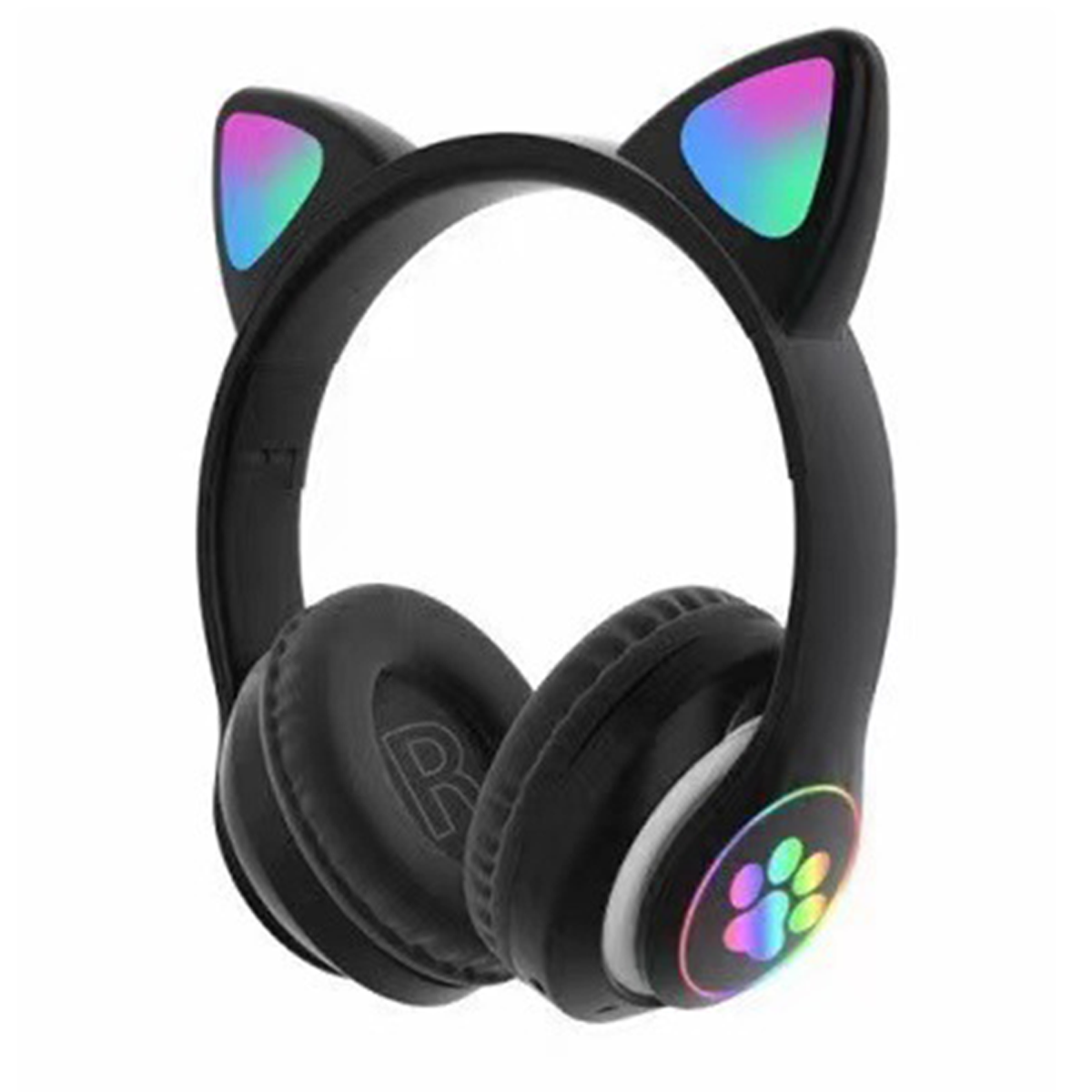 Schwarzer Katzenohrkopfhörer mit LED-Leuchten an Ohren und Ohrmuscheln. Der Hintergrund ist weiß.