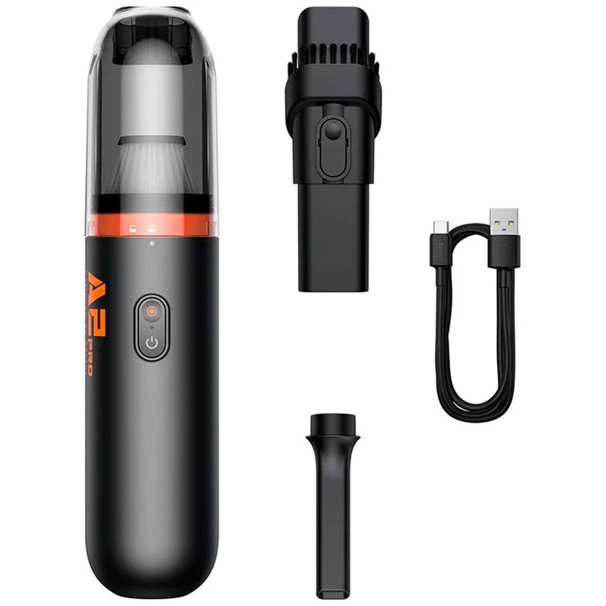 Czarno-pomarańczowy odkurzacz ręczny z akcesoriami i kablem ładującym.