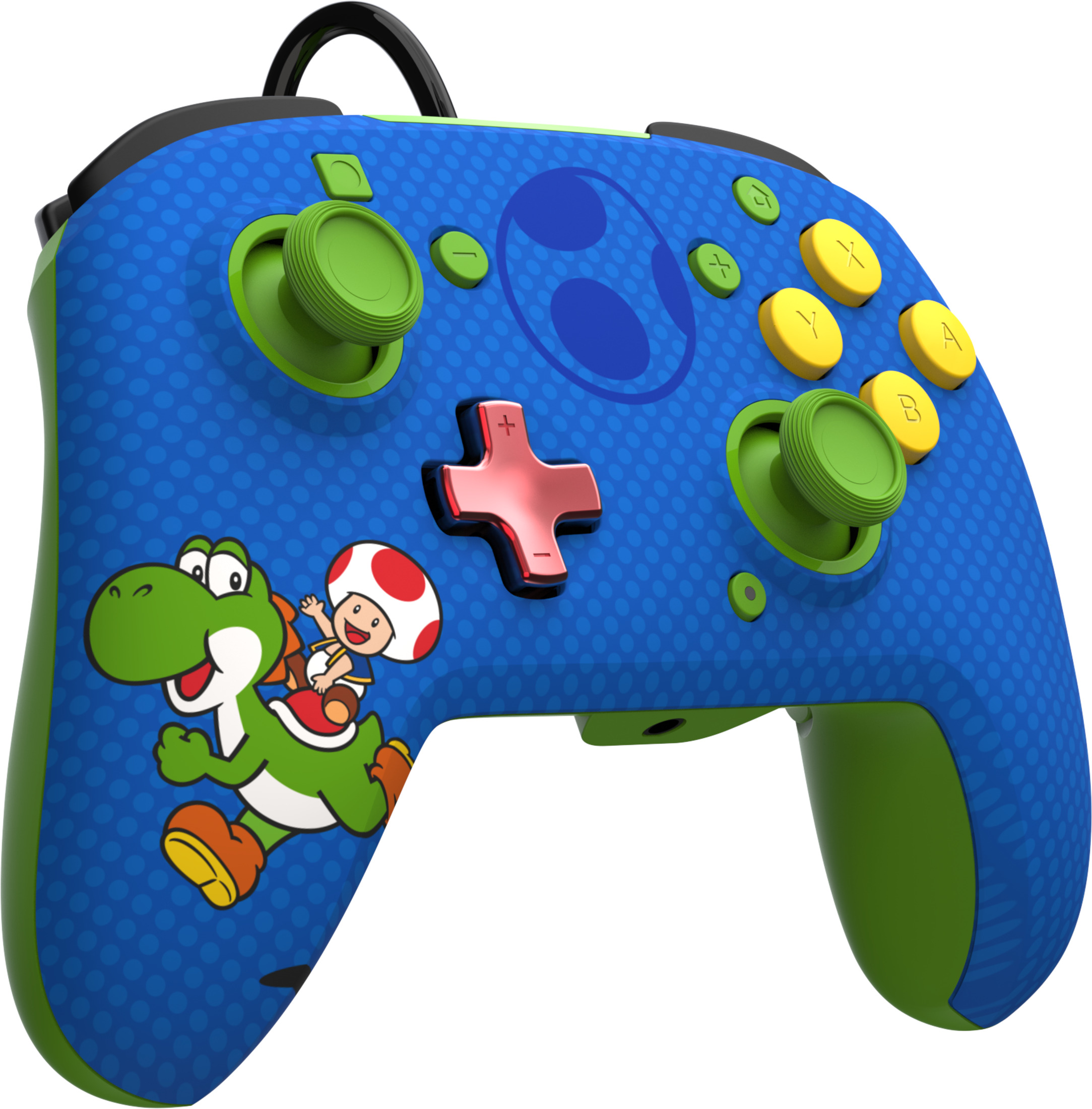 Niebieski i zielony gamepad pokazuje postacie z Mario. Ma d-pad, przyciski i joysticki.