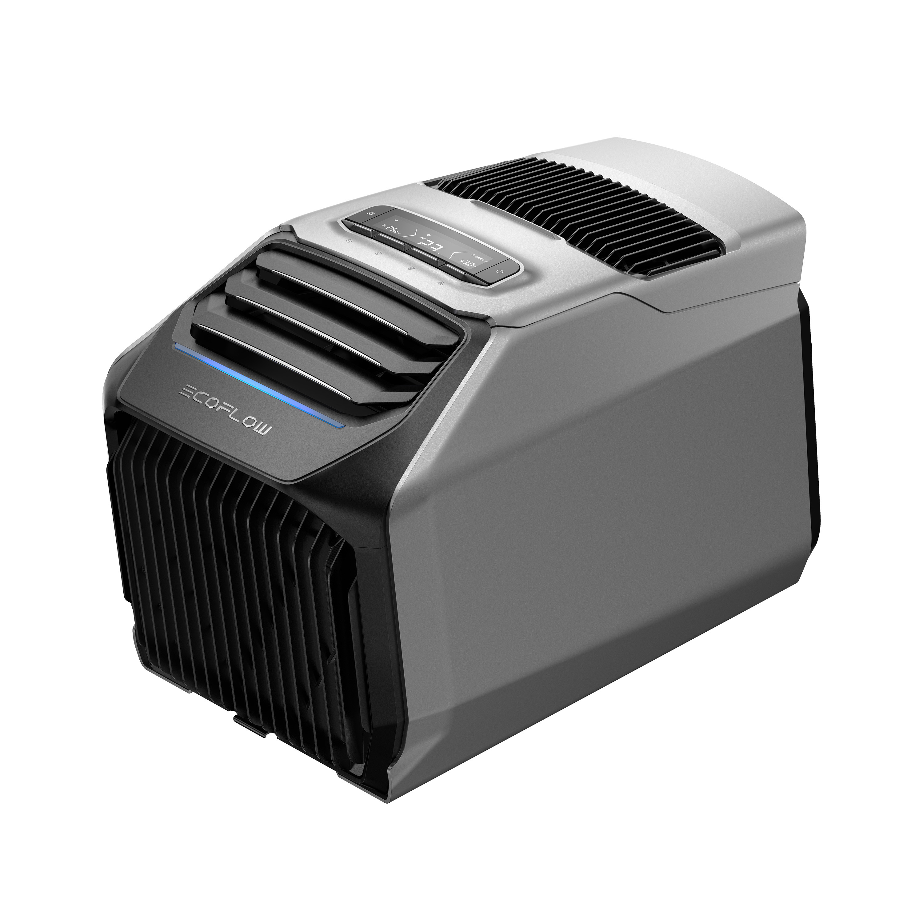 Srebrno-czarny przenośny klimatyzator z szeregiem otworów wentylacyjnych i wyświetlaczem cyfrowym.