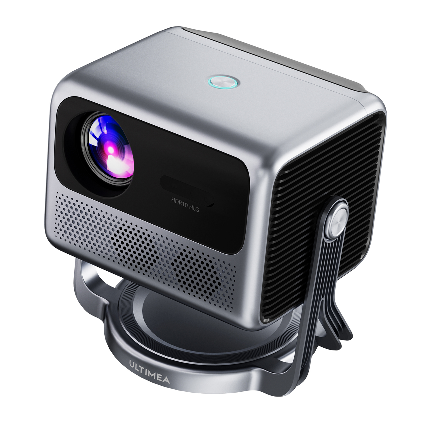 Srebrny projektor na statywie. Widoczny obiektyw, z światłem na górze.