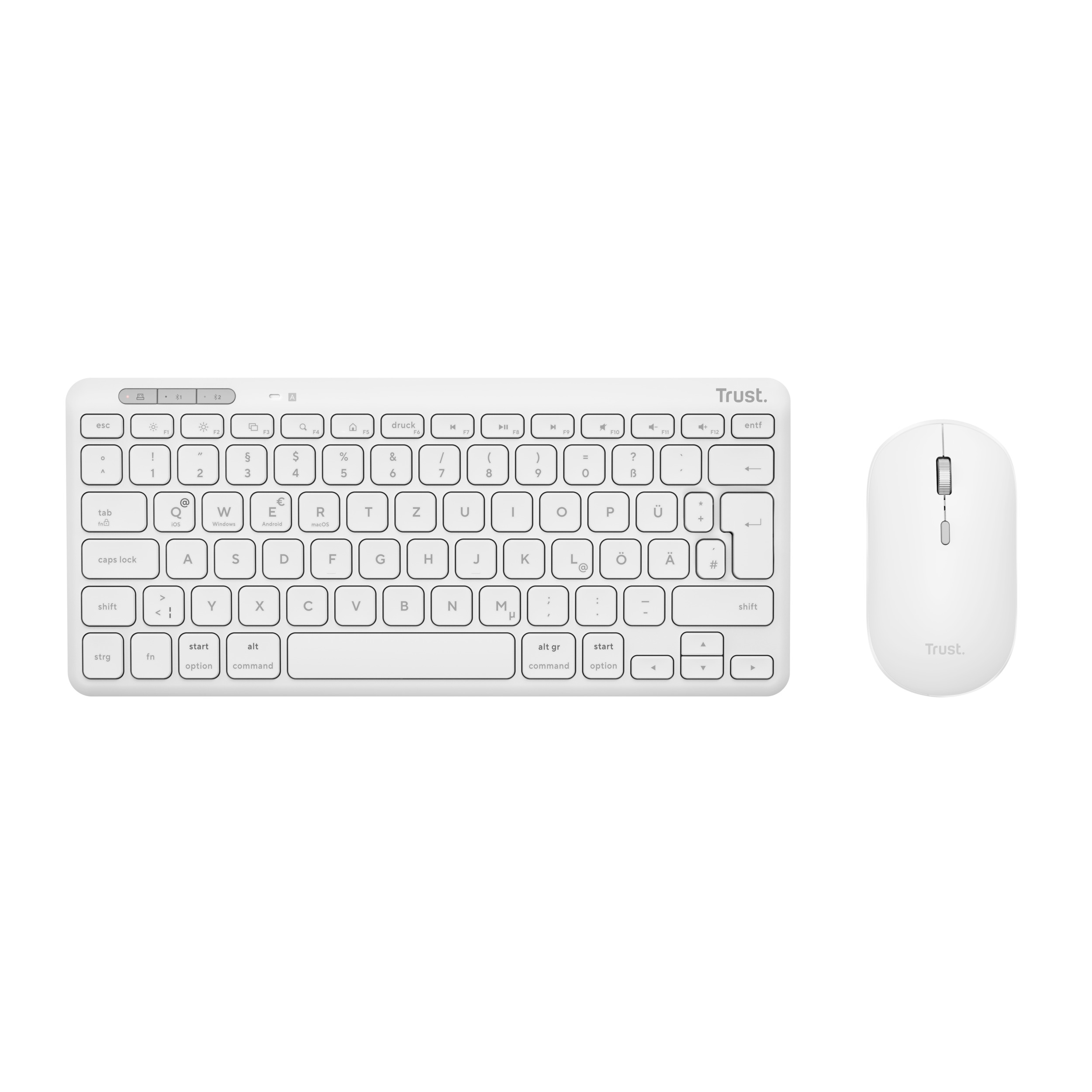 Een witte toetsenbord- en muisset op een witte achtergrond.