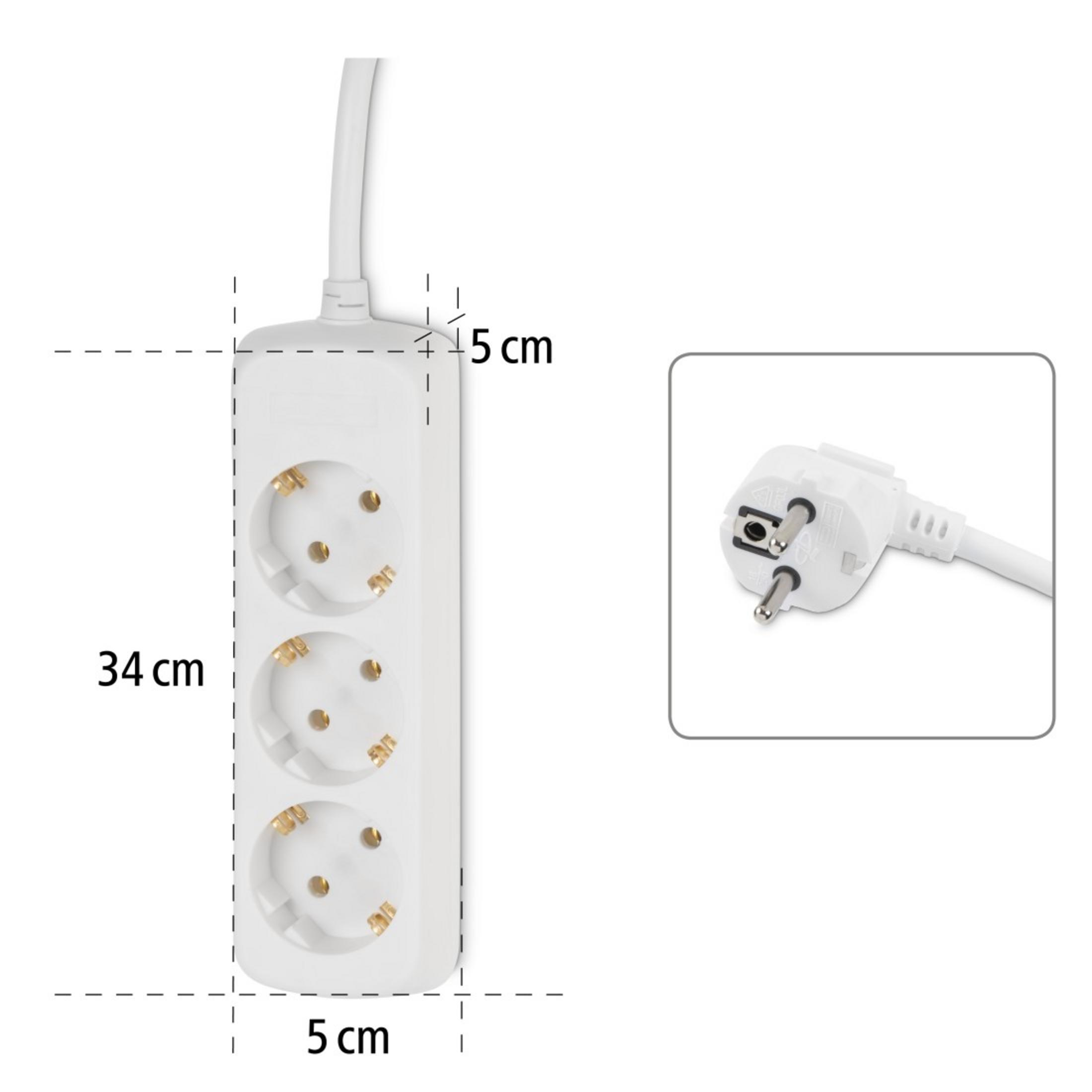 Weiße Steckdosenleiste mit drei Steckdosen und Stecker, mit Abmessungen. Weißer Hintergrund. Detailansicht des Steckers.