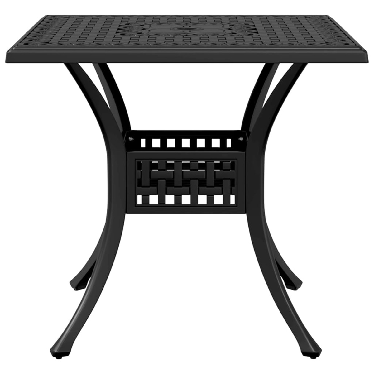 Ein schwarzer, quadratischer Gartentisch mit verzierten Mustern und geschwungenen Beinen.