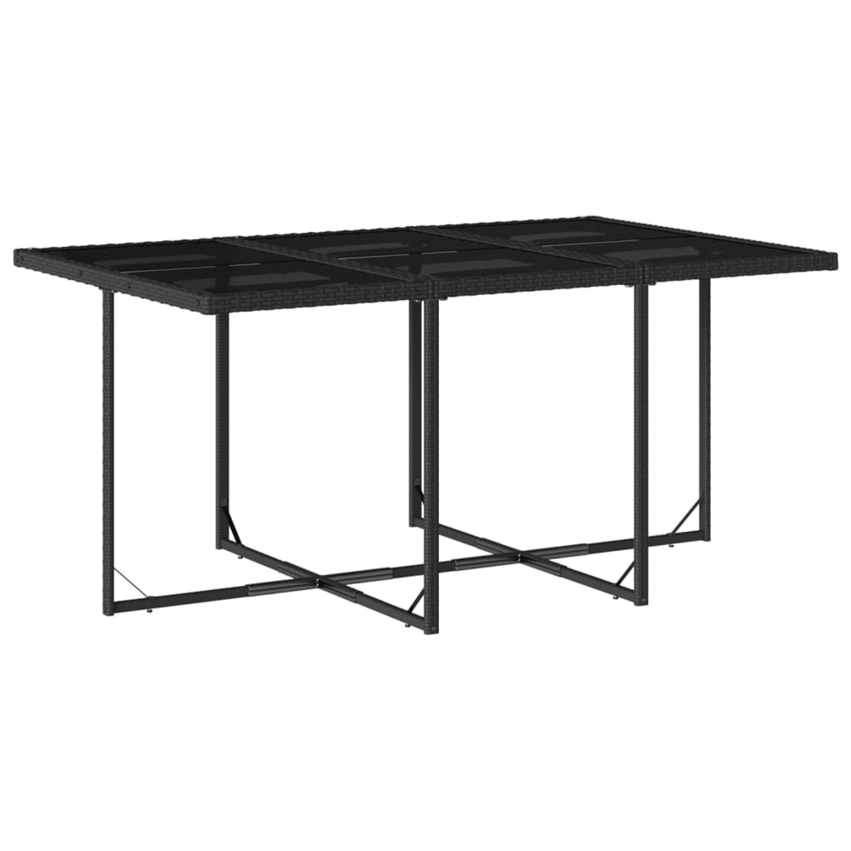 Una mesa rectangular para exteriores con tapa de vidrio negro y patas de metal negro, sobre un fondo blanco.