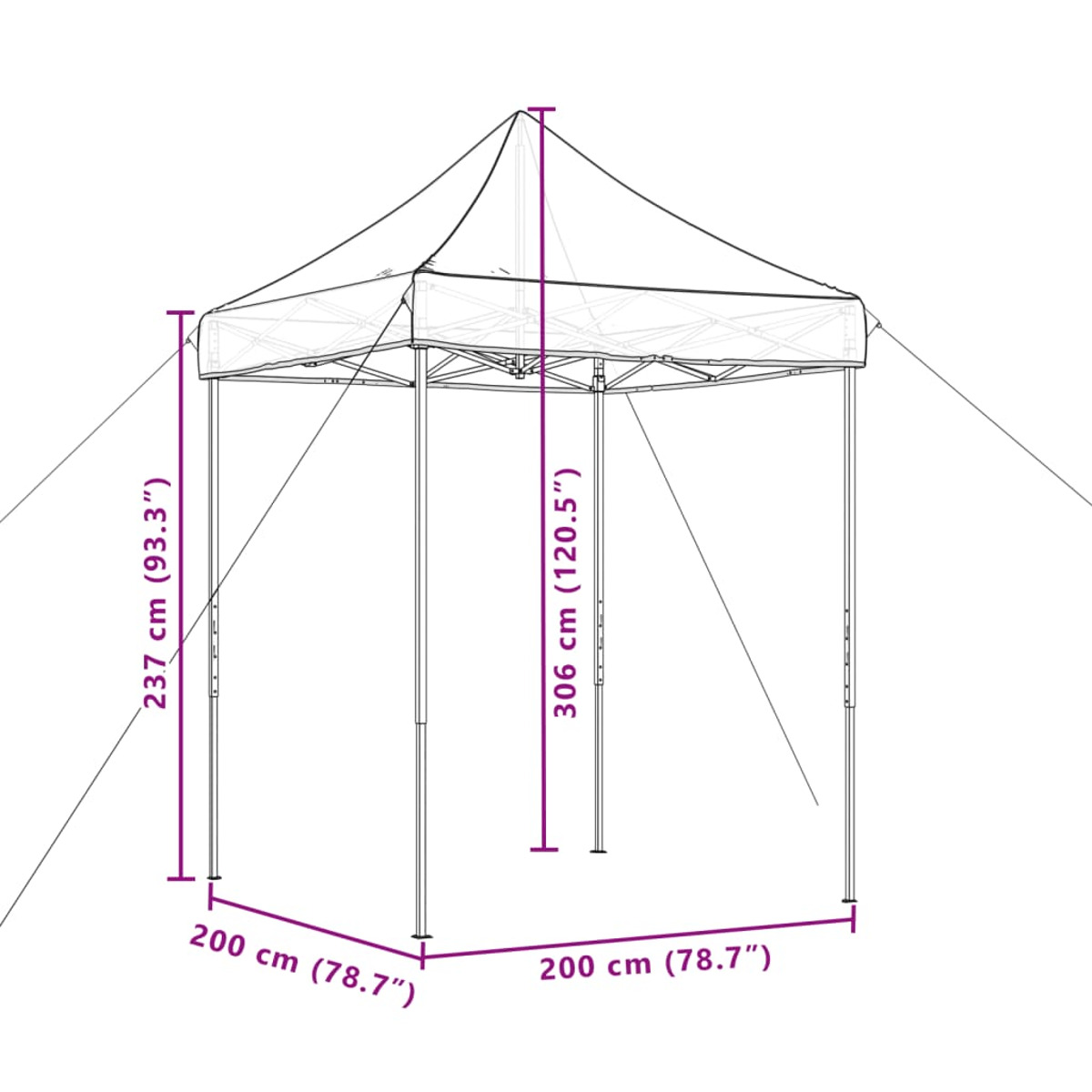 Outdoor-Eventzelt mit den Maßen: 200cm x 200cm Grundfläche, 237cm Seitenhöhe, 306cm mittlere Höhe.