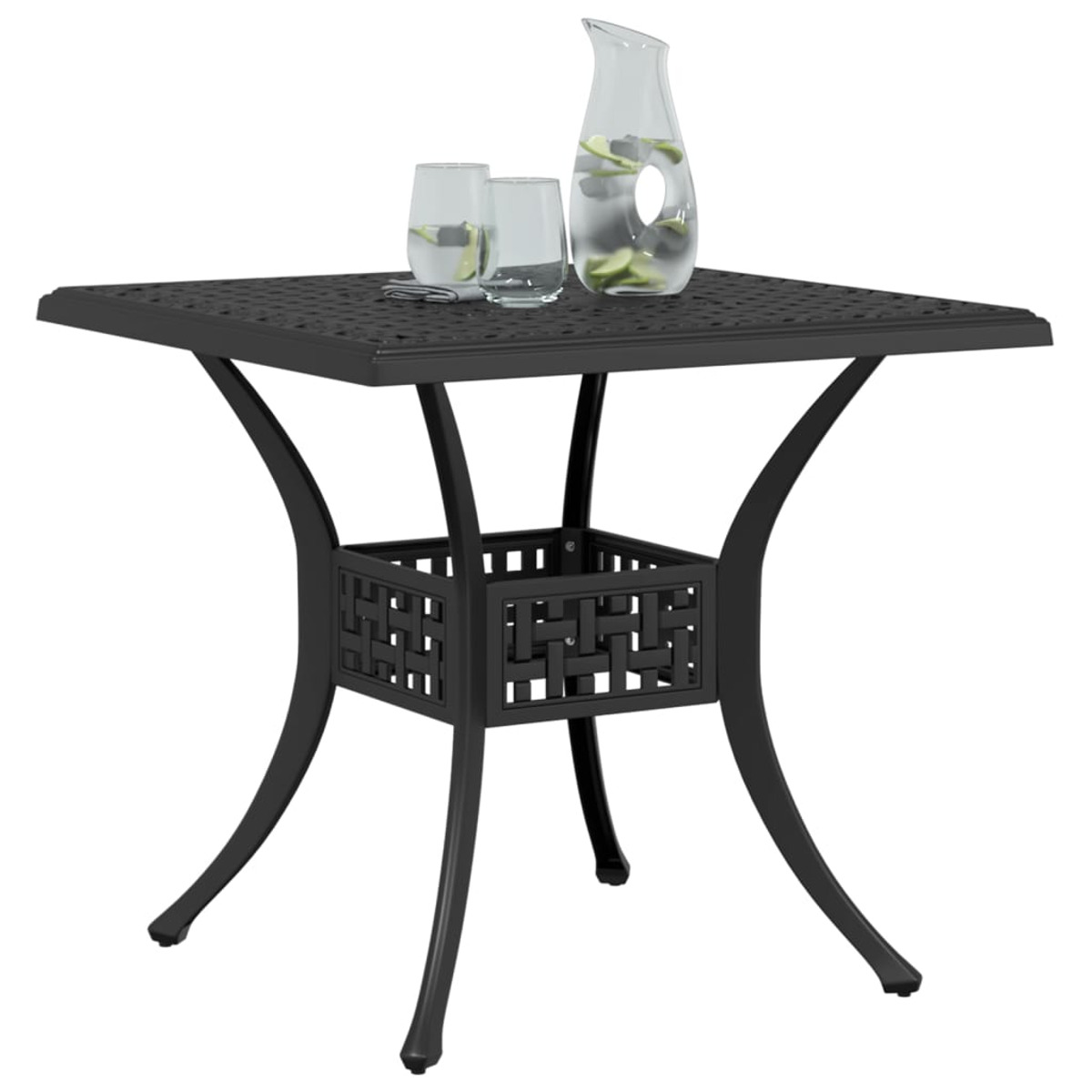 Schwarzer Metall-Quadrat-Tisch mit Gläsern und einem Wasserkrug darauf.