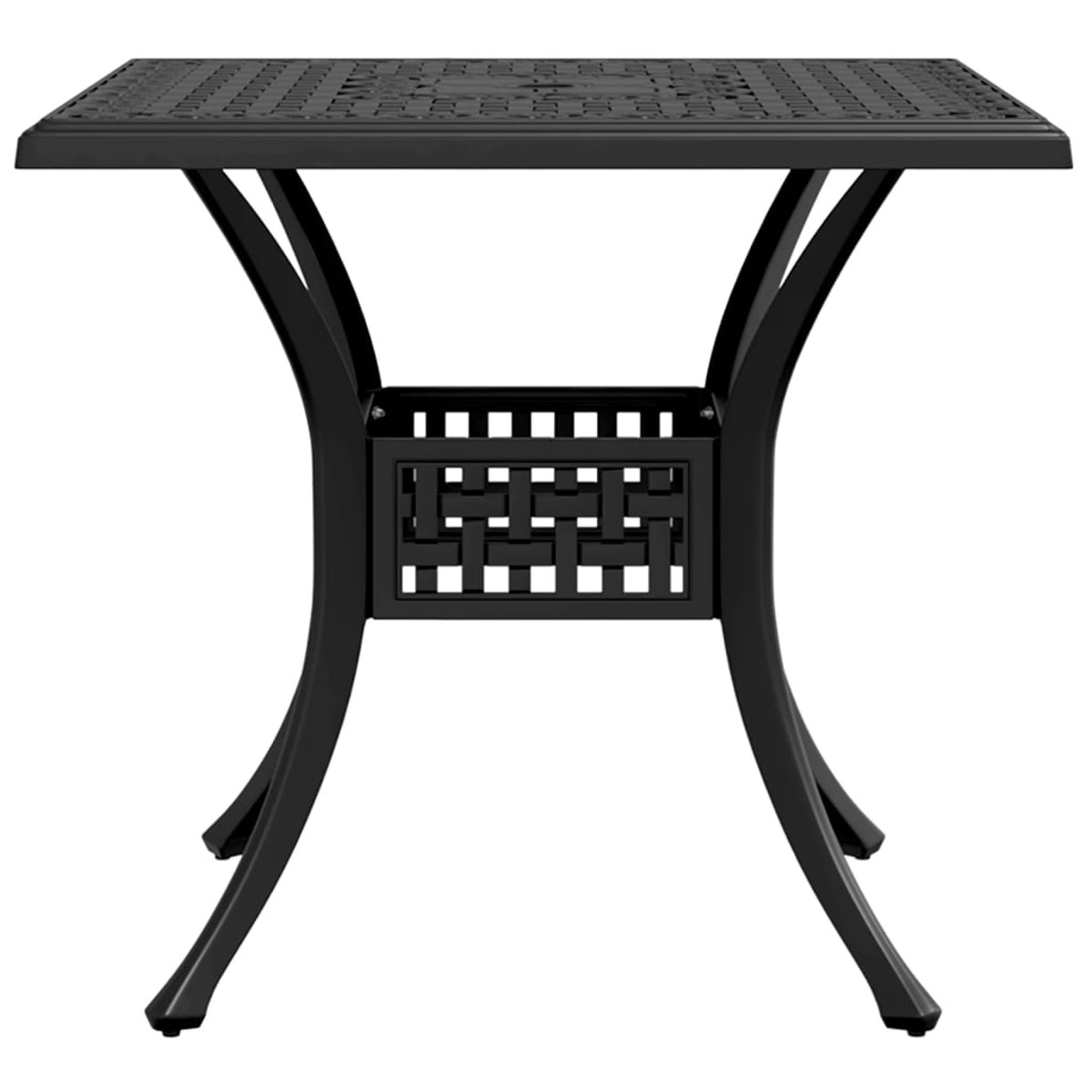 Schwarzer quadratischer Gartentisch. Dekoratives Design auf der Tischplatte und ein gemusterter Träger.
