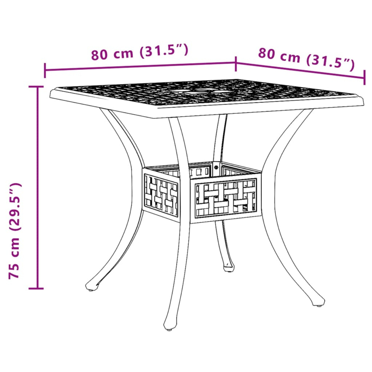 Ein quadratischer Terrassentisch mit angegebenen Abmessungen. Der Tisch hat eine Gitterplatte und einen gemusterten Sockel.