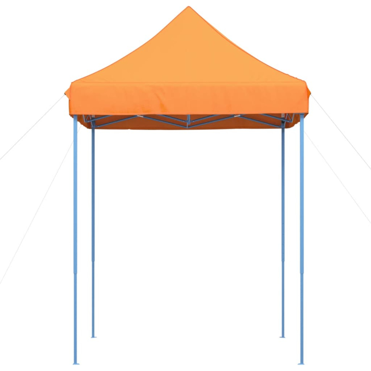 Orangenes Pop-up-Zelt mit blauen Stangen. Weißer Hintergrund und Abspannseile.