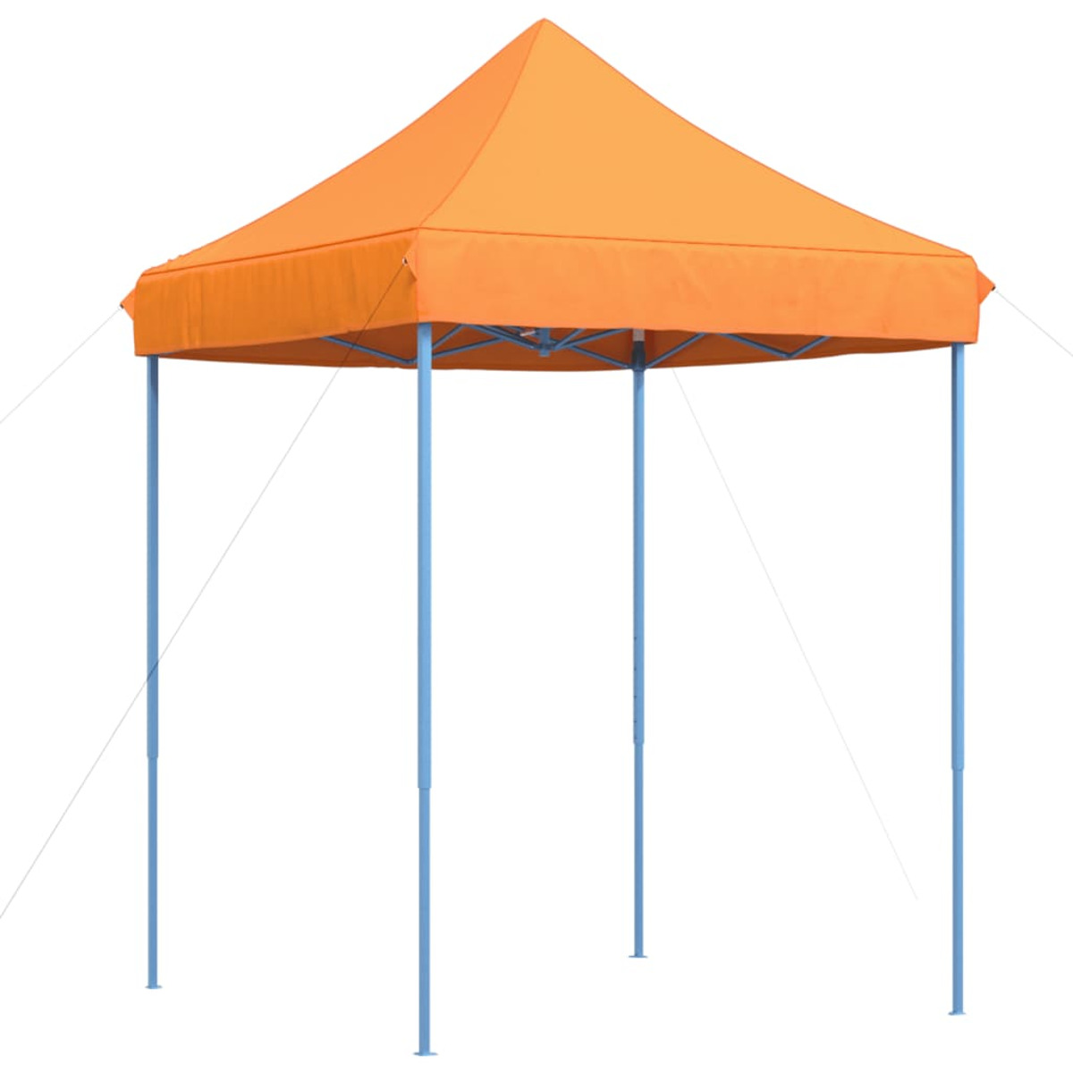 Orangenes Pop-up-Pavillonzelt mit blauen Stangen, auf weißem Hintergrund.