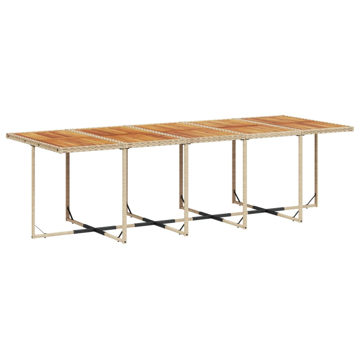 Mesa larga de exterior con tablero tejido. Múltiples patas, color marrón claro.