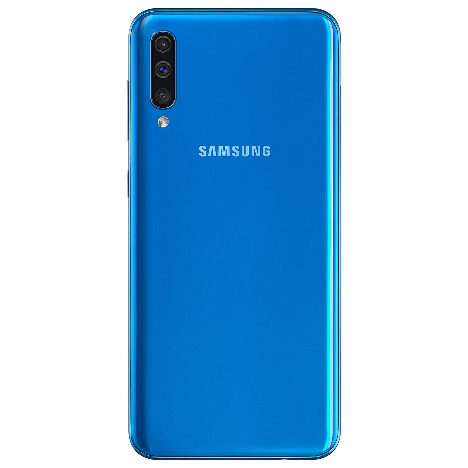 Un teléfono Samsung azul, con la parte trasera hacia arriba, con el logotipo de Samsung y las cámaras visibles.