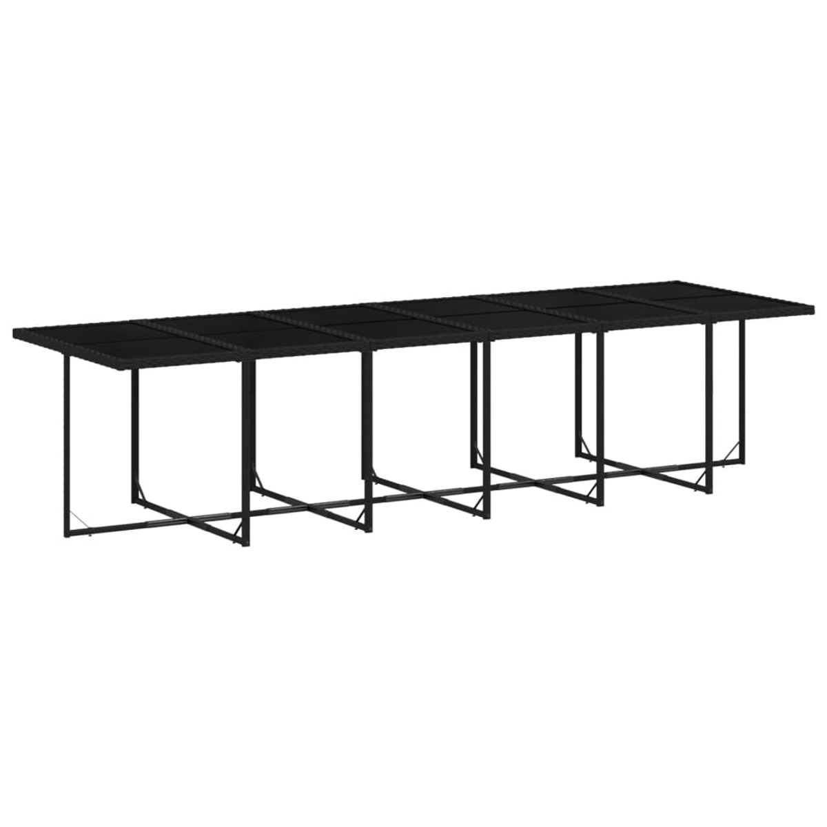 Mesa larga negra para exteriores con múltiples secciones y patas negras, sobre fondo blanco.