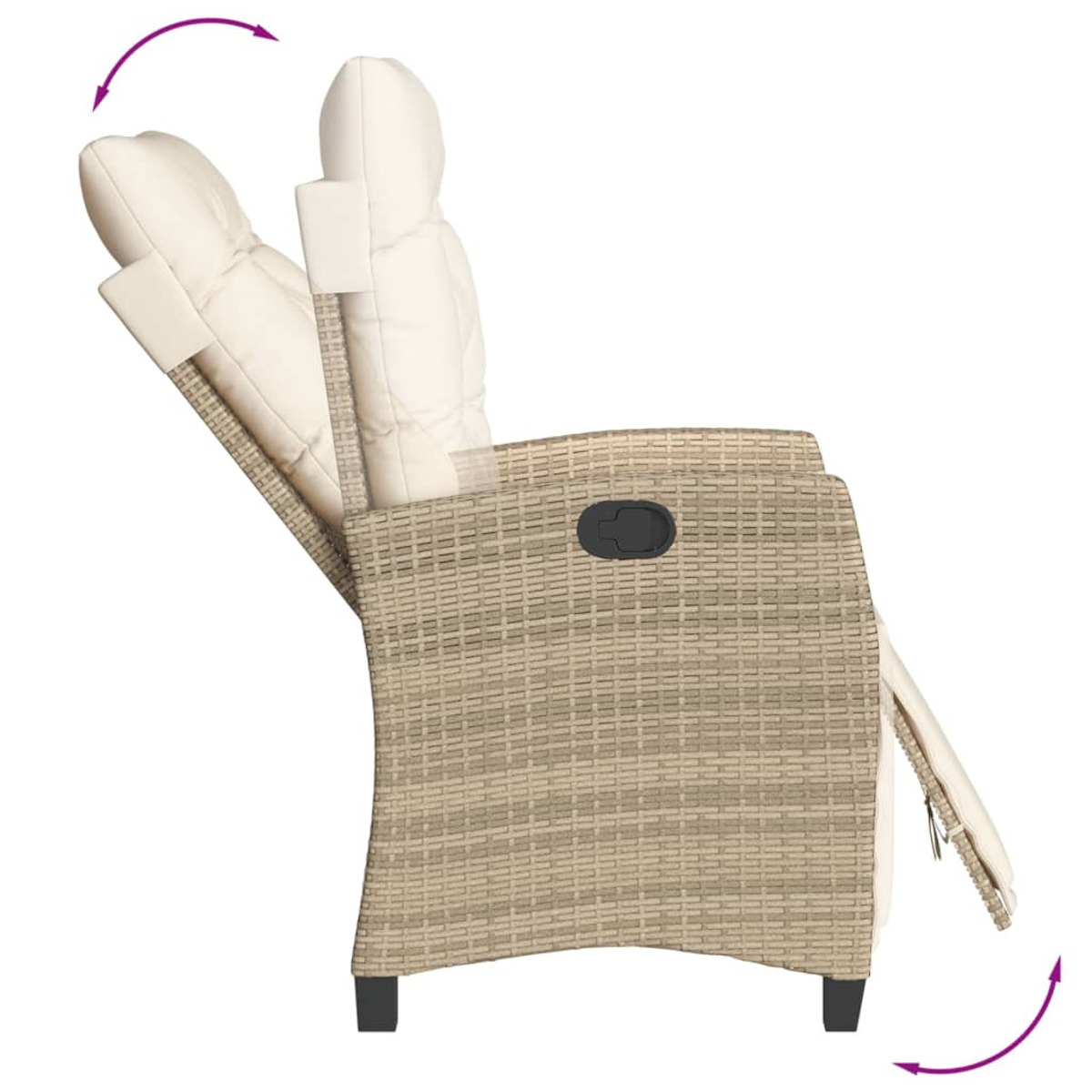 Wicker-Outdoor-Liegestuhl, cremefarbene Kissen, geneigte Rückenlehne. Pfeile zeigen die Neigung an.