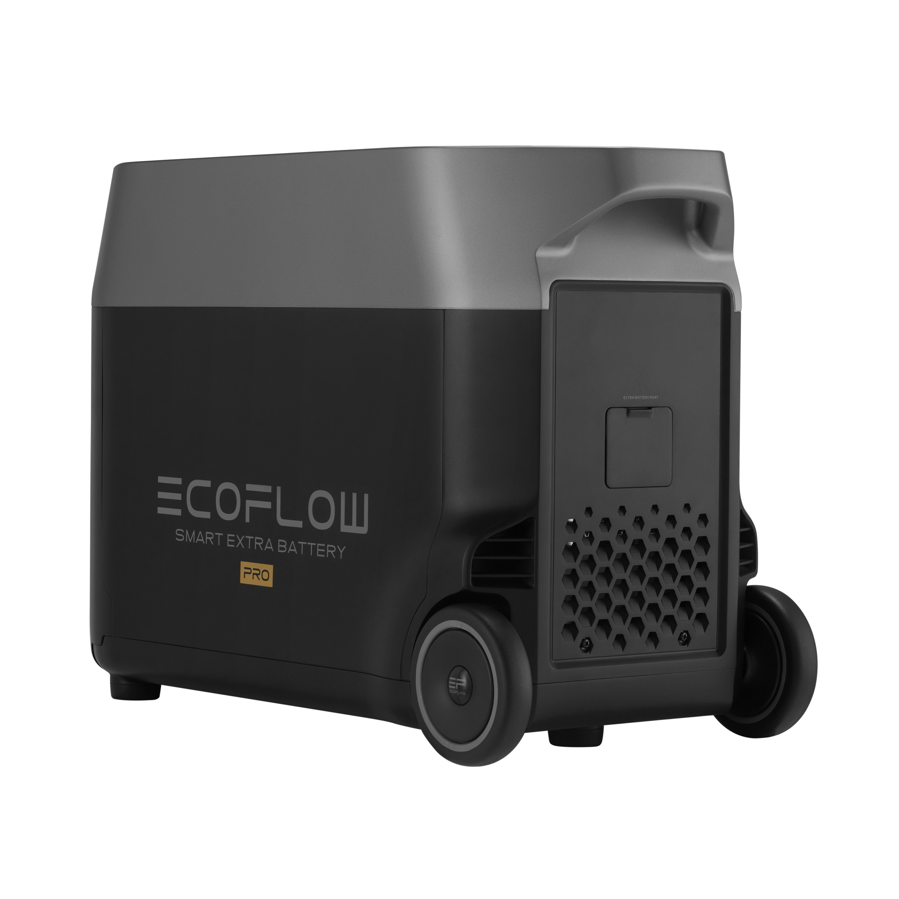 Tekerlekli, siyah ve gri taşınabilir güç istasyonu, 'ECOFLOW Smart Extra Battery PRO' etiketli.