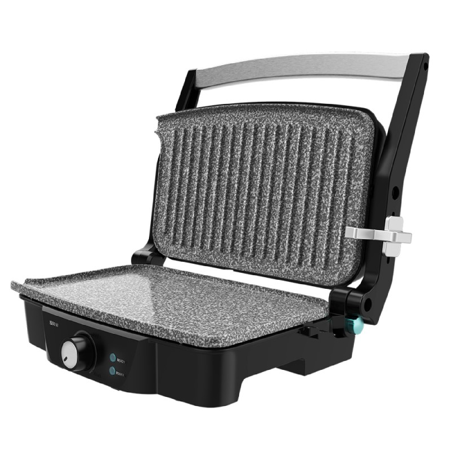 Open zwarte grill met grijze kookoppervlakken en een roestvrijstalen handvat.