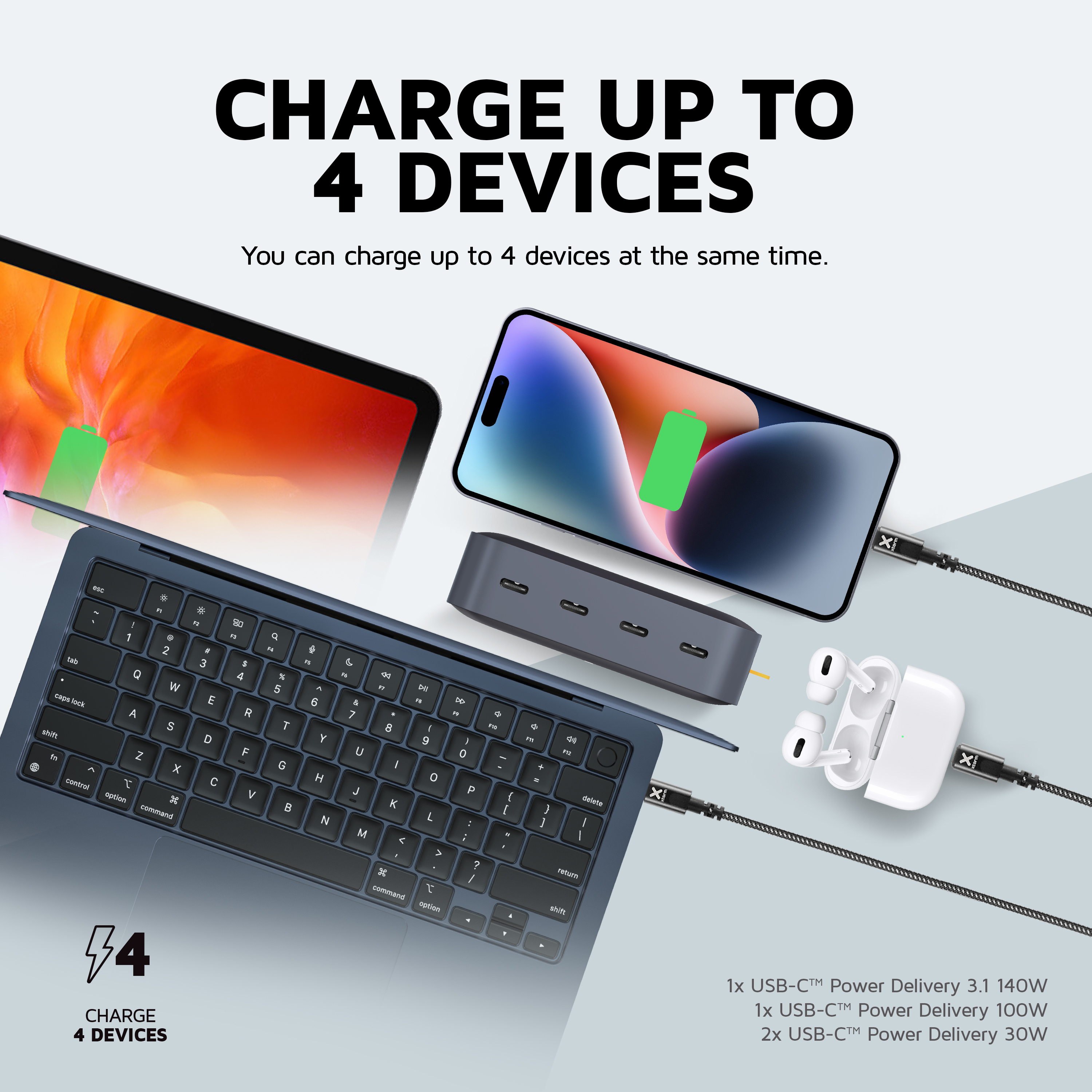 Mehrere Geräte werden geladen. Laptop, Telefon, Ohrhörer und Tablet. Schwarze Kabel und ein Ladehub sind gezeigt.