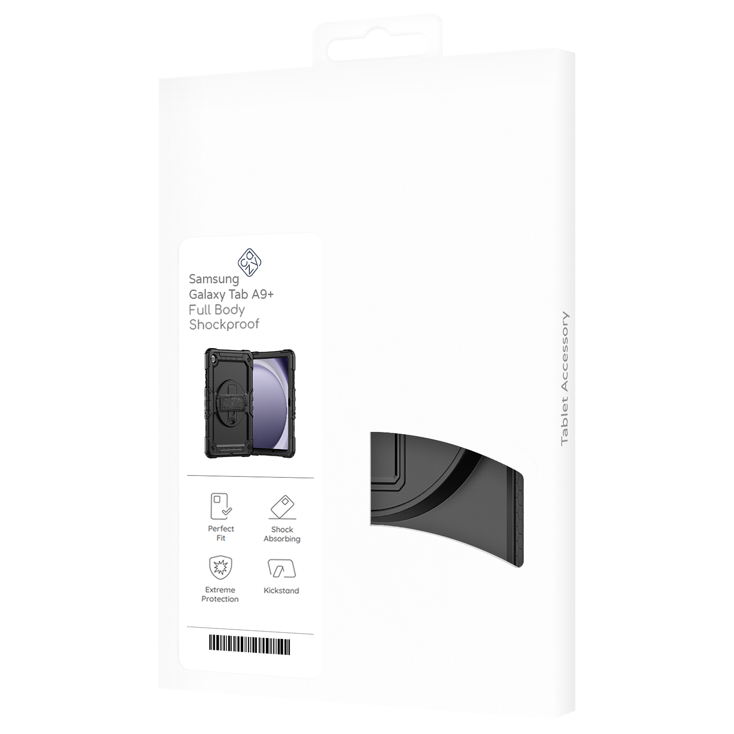 Produktverpackung für ein Samsung Galaxy Tab A9+ Tablet-Case. Das Case ist schwarz, mit Funktionen wie Stoßabsorption und Ständer.