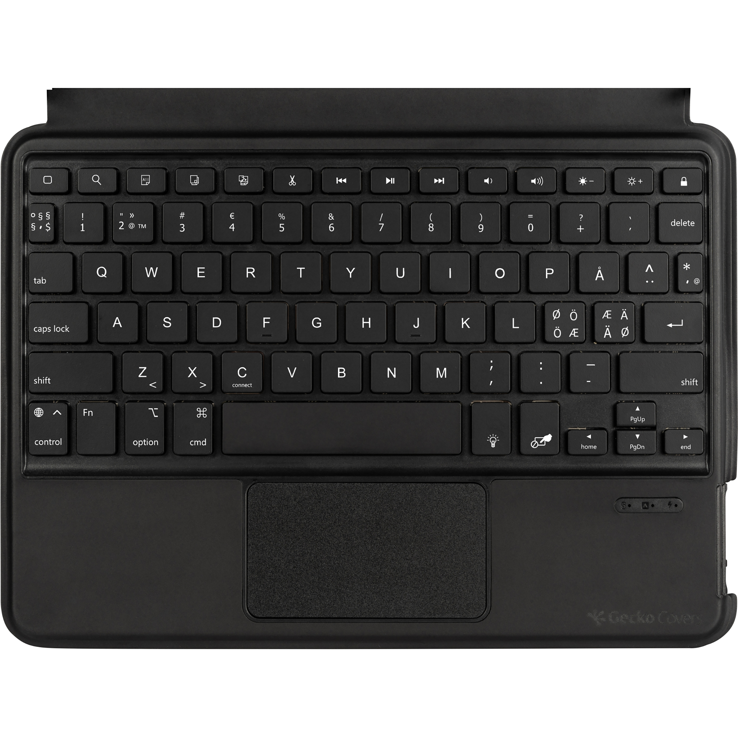 Schwarze Tastatur mit Tasten, Touchpad und Gecko Cover Logo.