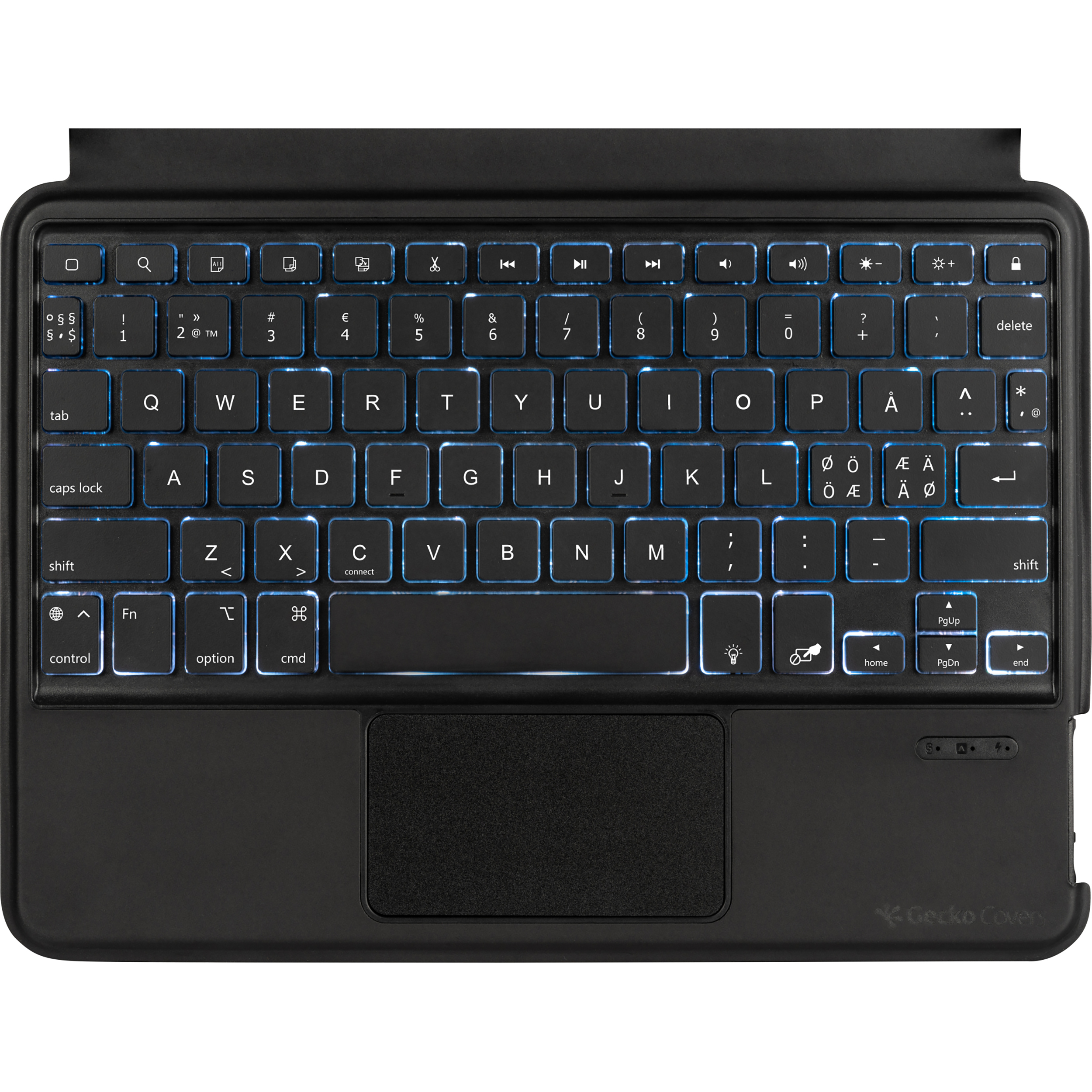 Eine schwarze Tastatur mit weißen, hintergrundbeleuchteten Tasten und Touchpad.