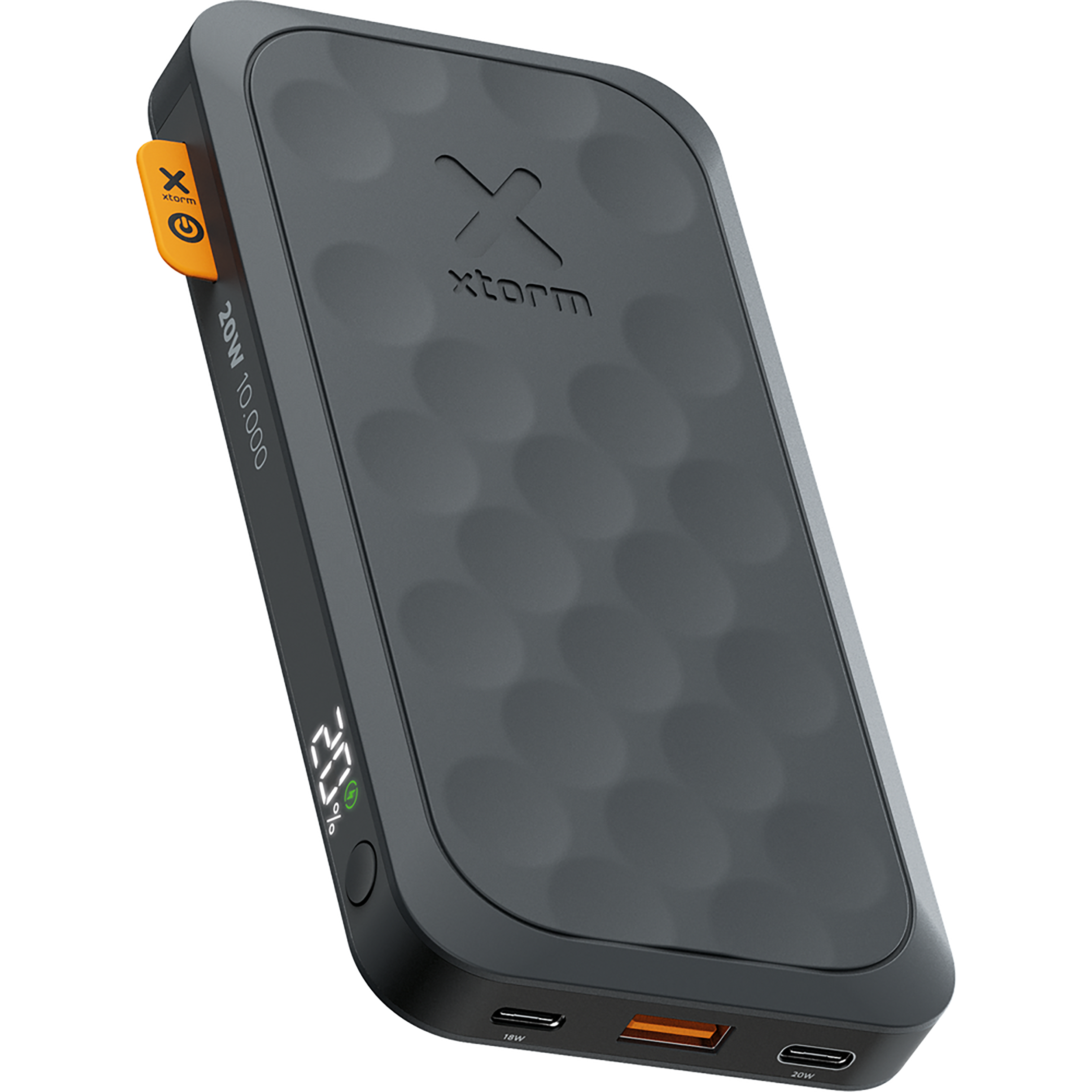 Schwarze Powerbank mit orangefarbenen Akzenten. Zeigt den Akkuladestand an und verfügt über zwei USB-Anschlüsse.