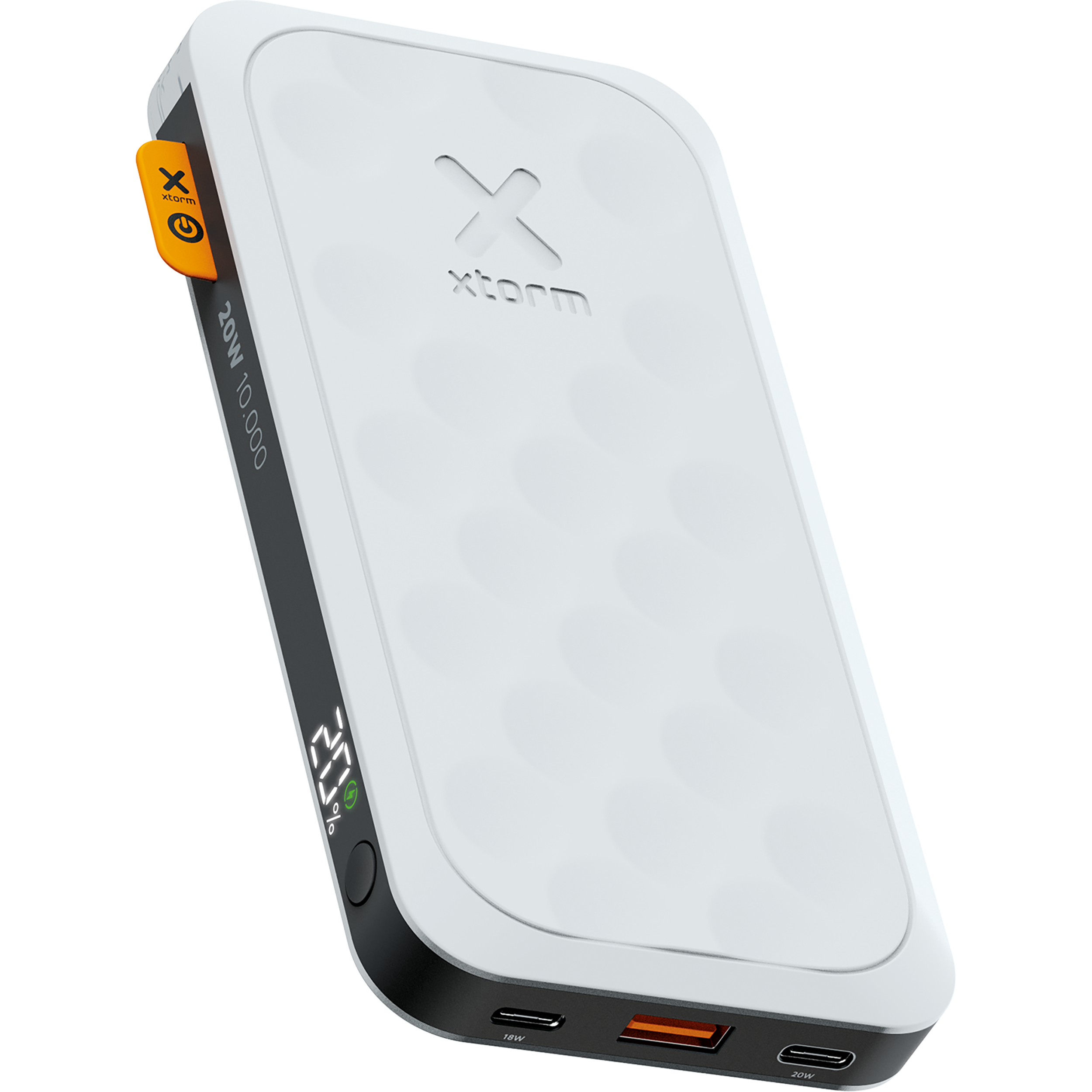 Eine weiße und schwarze Powerbank mit digitaler Anzeige (20%), xstorm-Logo und Ladeanschluss.