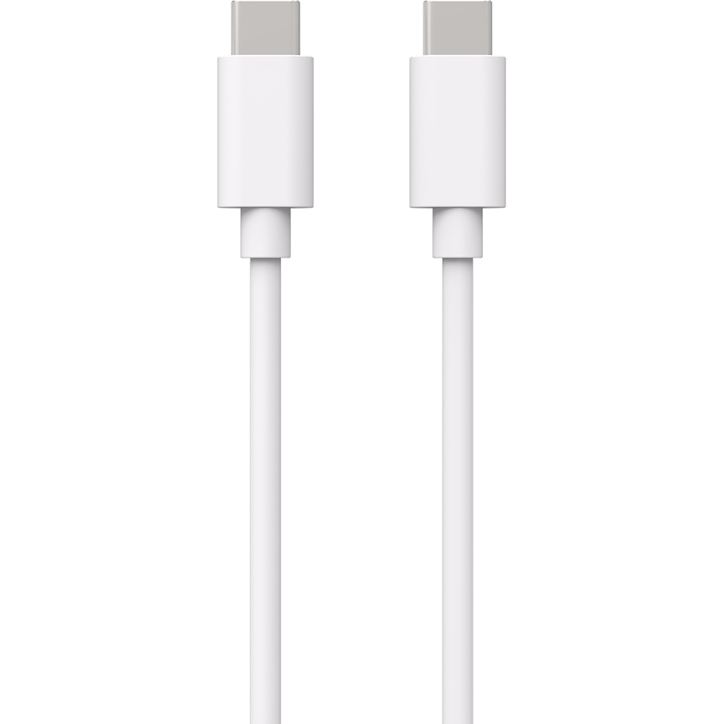 Zwei weiße USB-C-Kabel mit Steckern, vertikal auf weißem Hintergrund ausgerichtet.