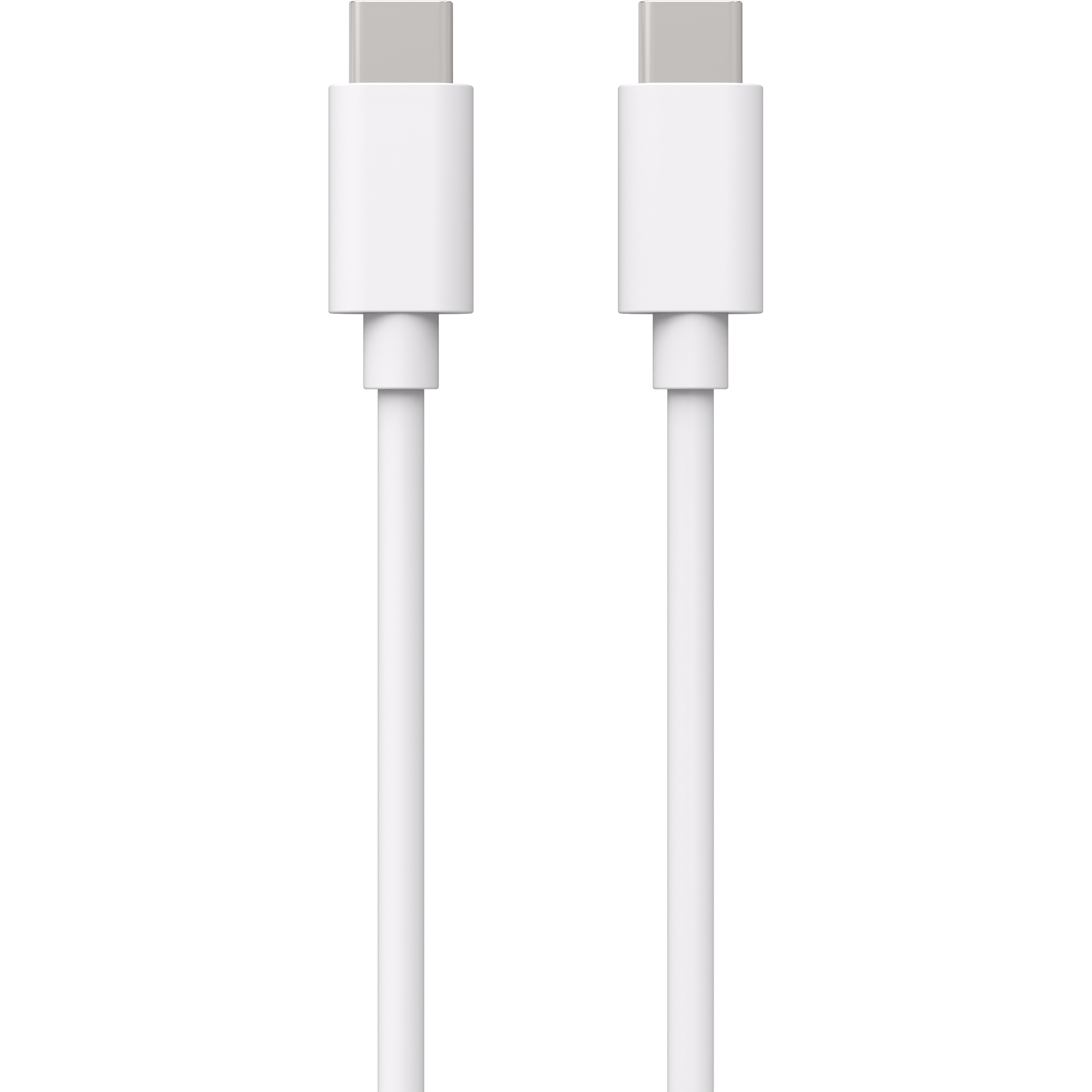 Zwei weiße USB-C-Kabel mit Steckern an jedem Ende, vor schwarzem Hintergrund.
