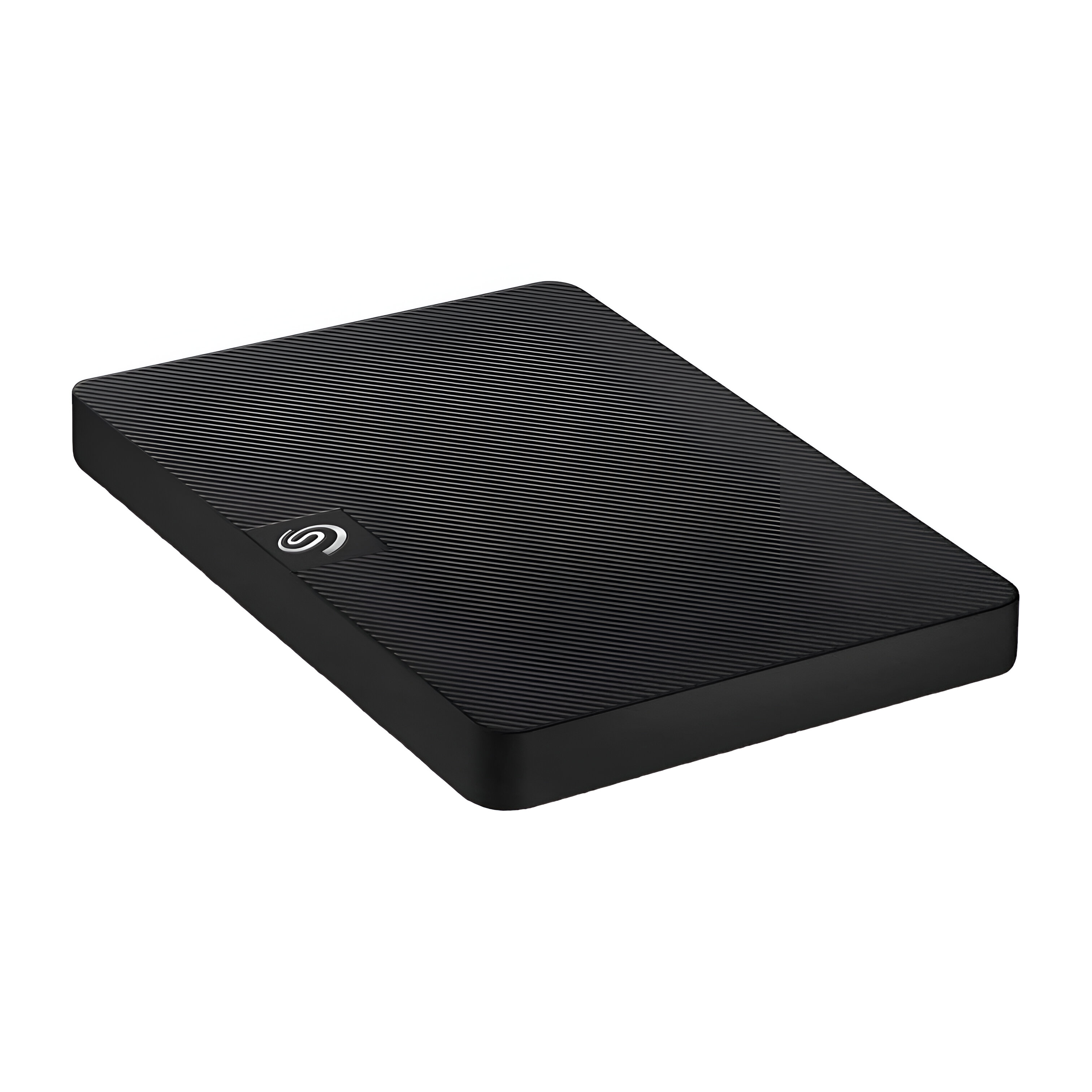 Un disco duro externo Seagate negro con superficie texturizada.