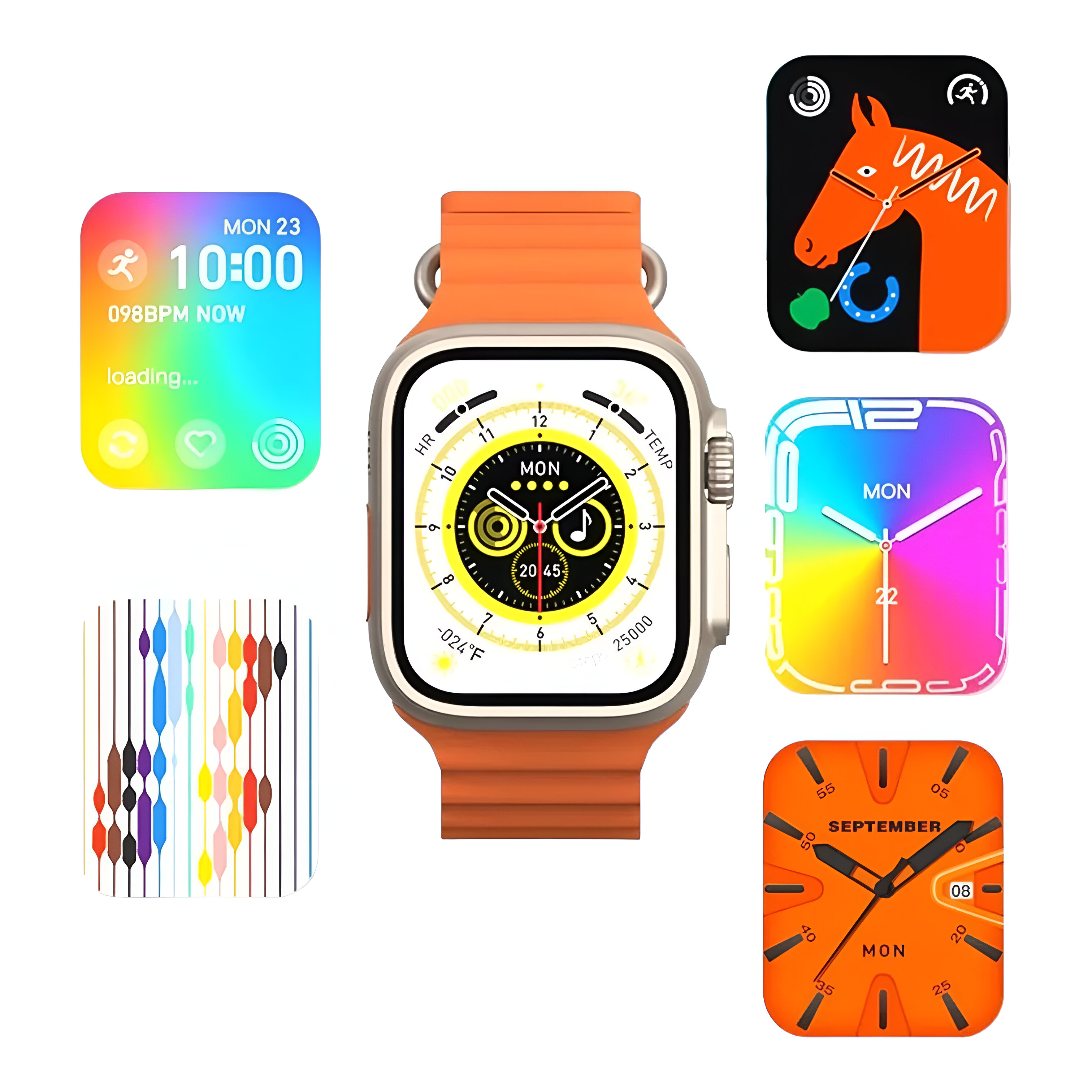 Reloj inteligente con múltiples esferas coloridas. Correa naranja.