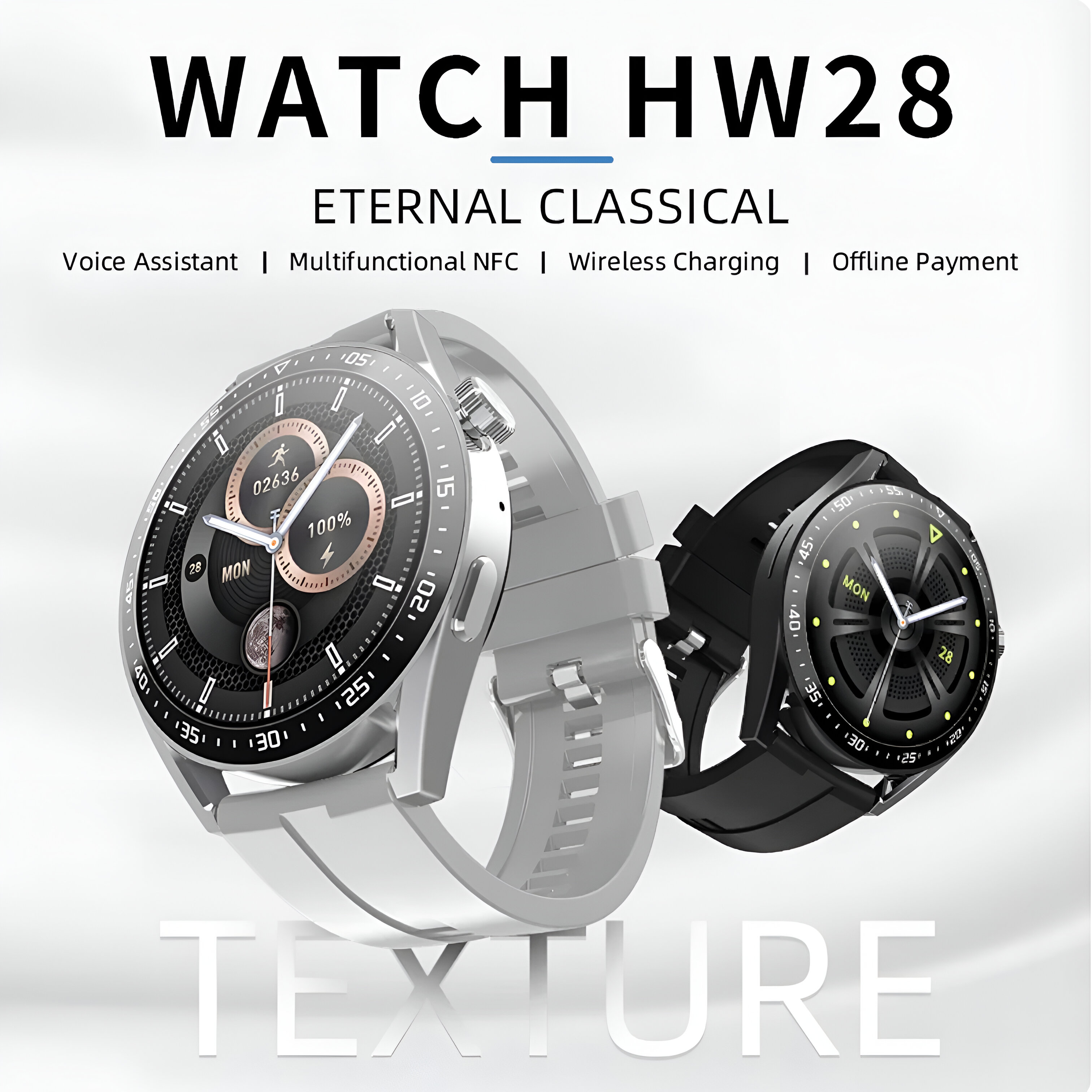 Dos smartwatches, blanco y negro. Texto: Watch HW28. Características: Asistente de voz, NFC, etc.