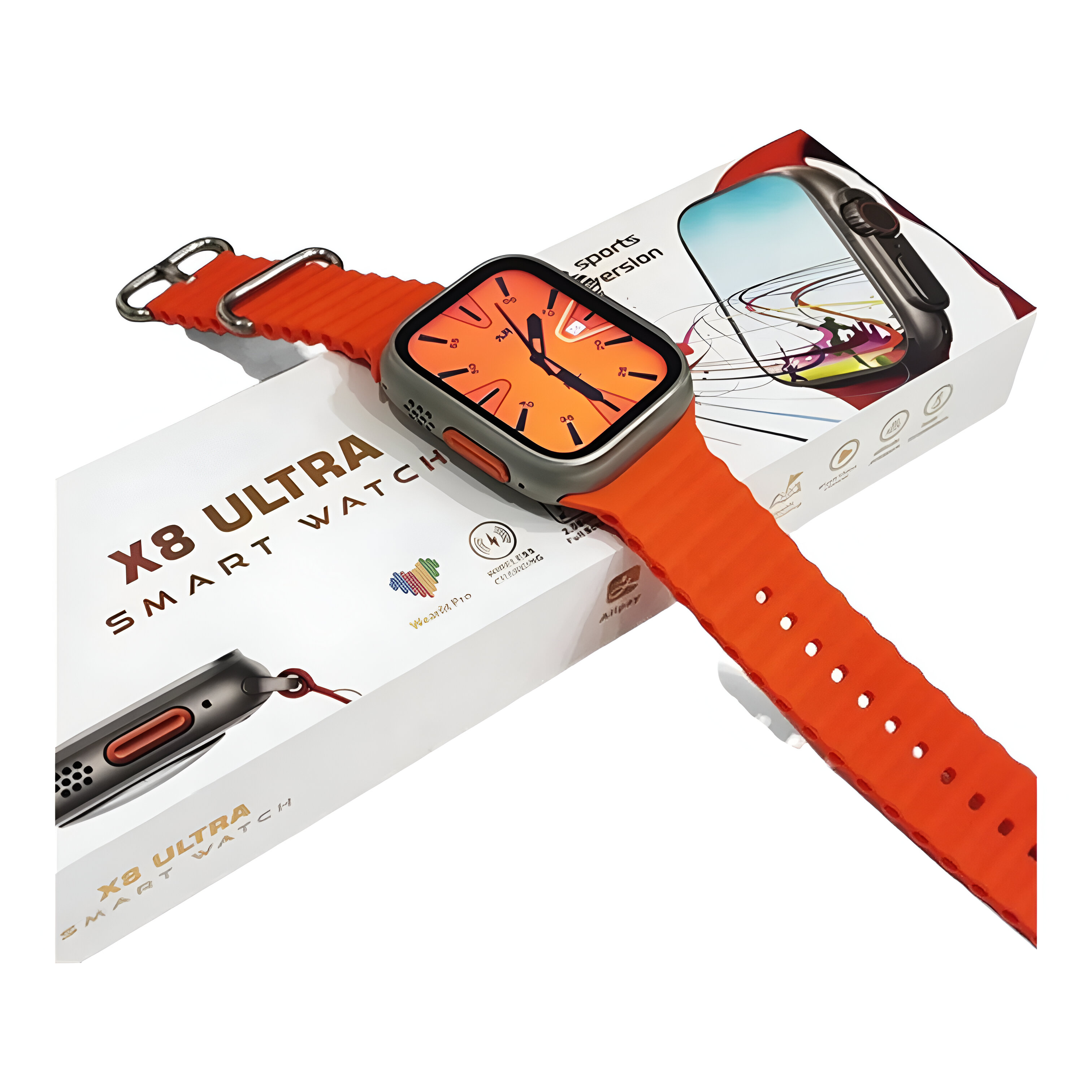 Reloj inteligente naranja con bisel plateado y correa naranja, sobre una caja blanca.
