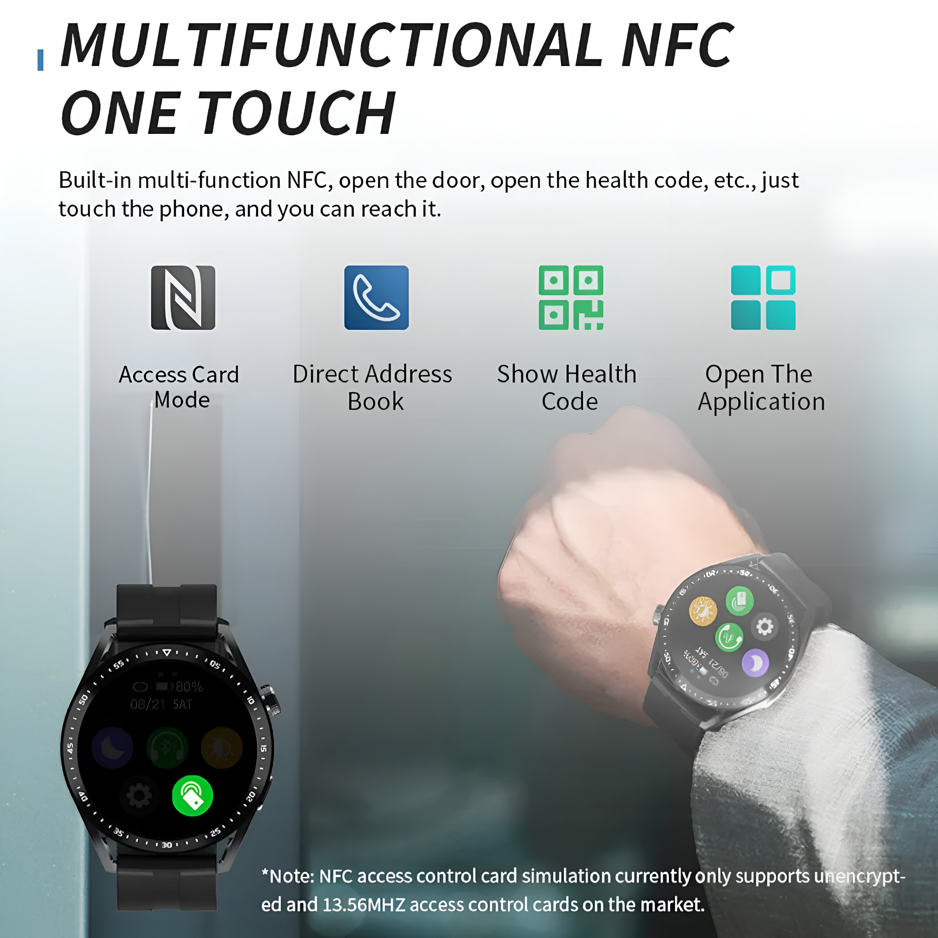 Pantalla de reloj inteligente mostrando tarjeta de acceso, libreta de direcciones, código de salud y aplicación.