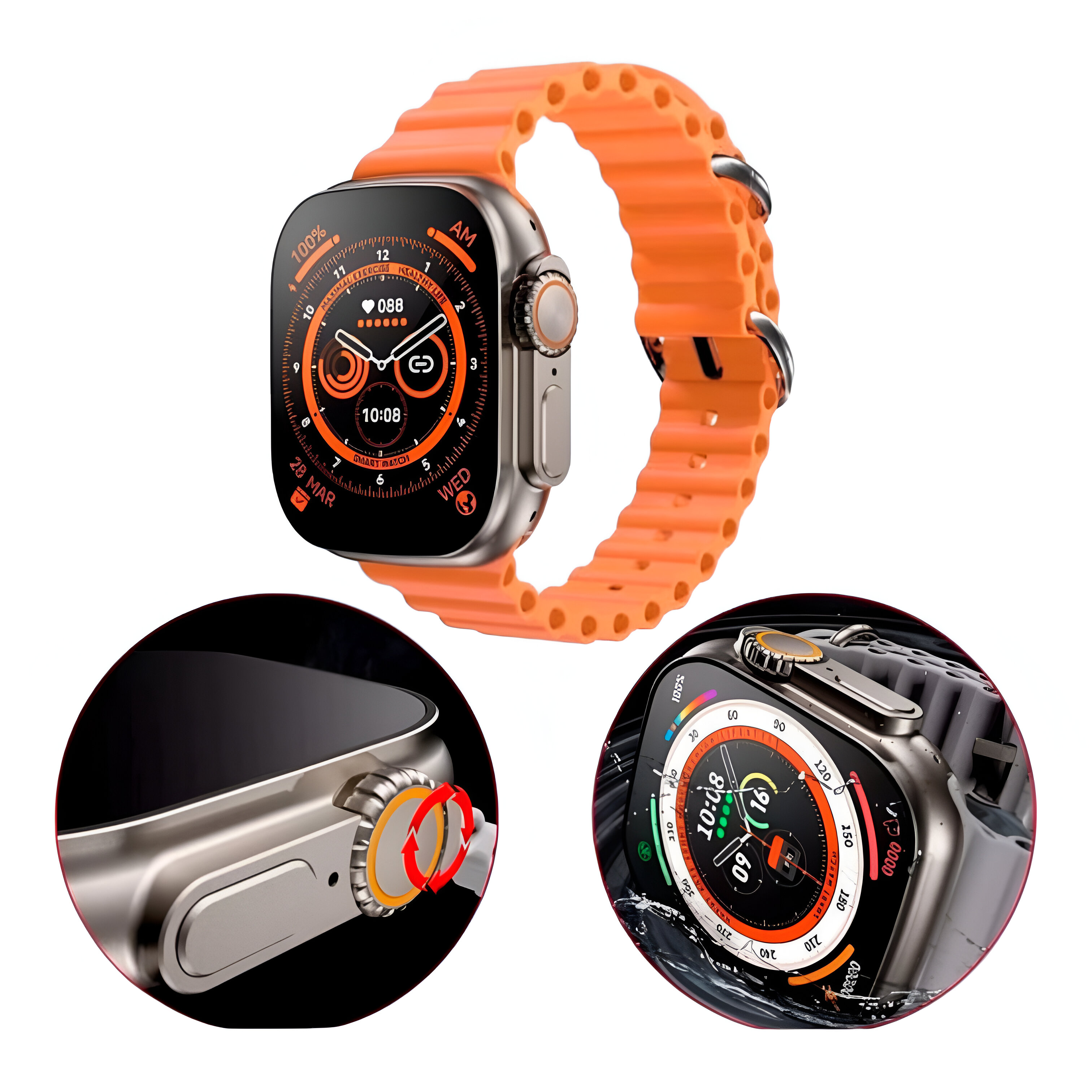 Smartwatch con correa naranja. Primer plano de la esfera del reloj y botones laterales.