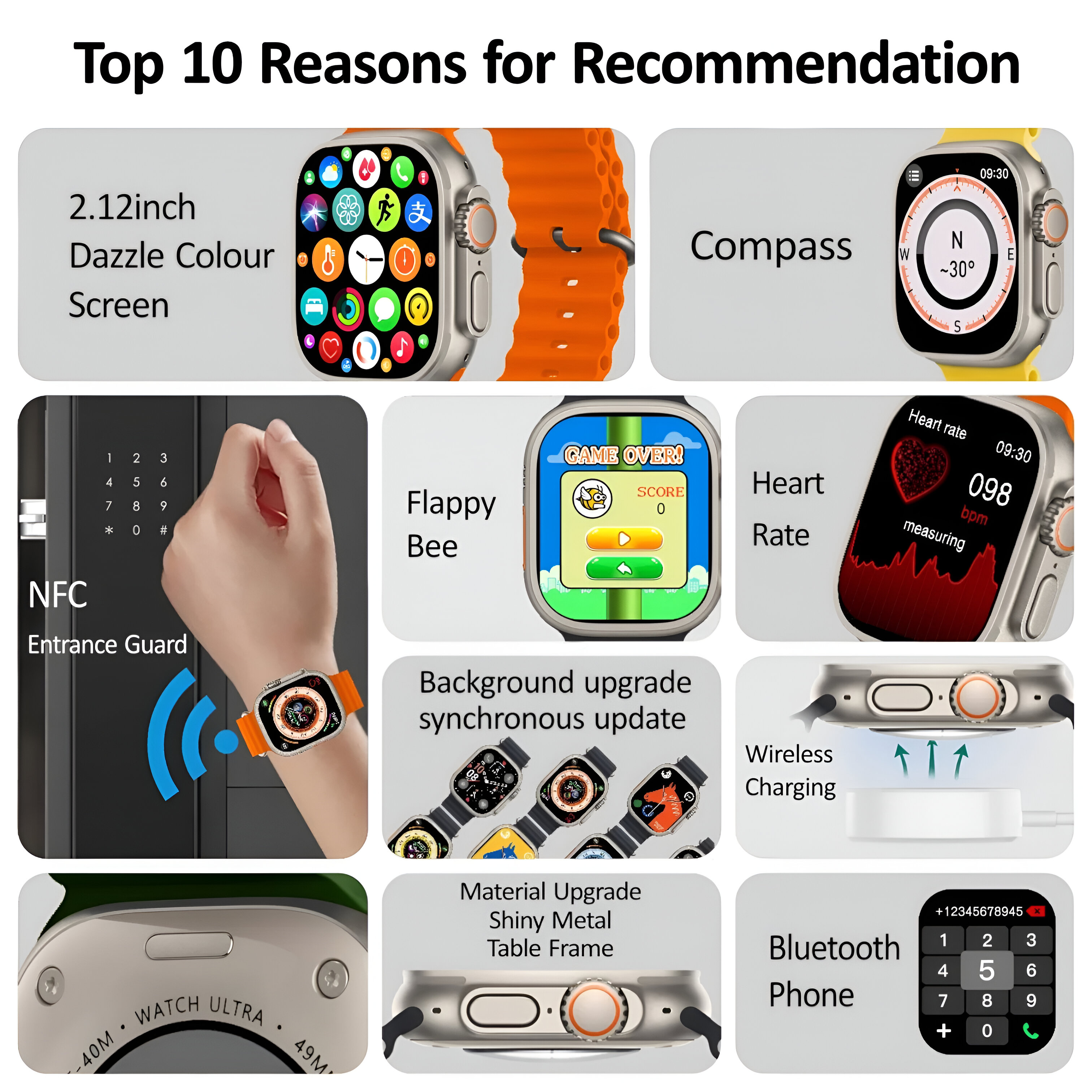 Collage de funciones de smartwatch: pantalla, brújula, frecuencia cardíaca, NFC, etc.