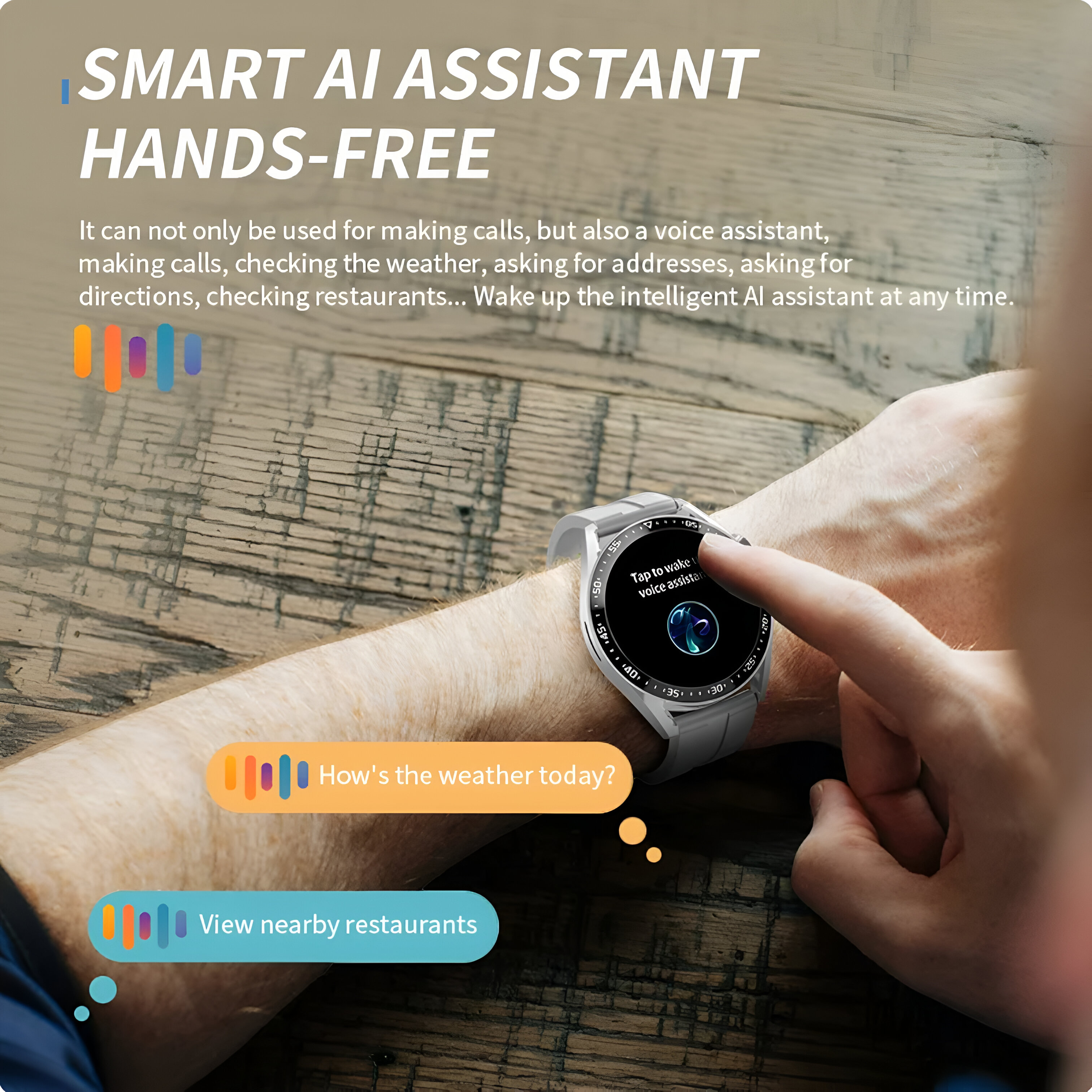 Una persona usando un smartwatch con pantalla táctil. El texto dice, Asistente IA inteligente manos libres.