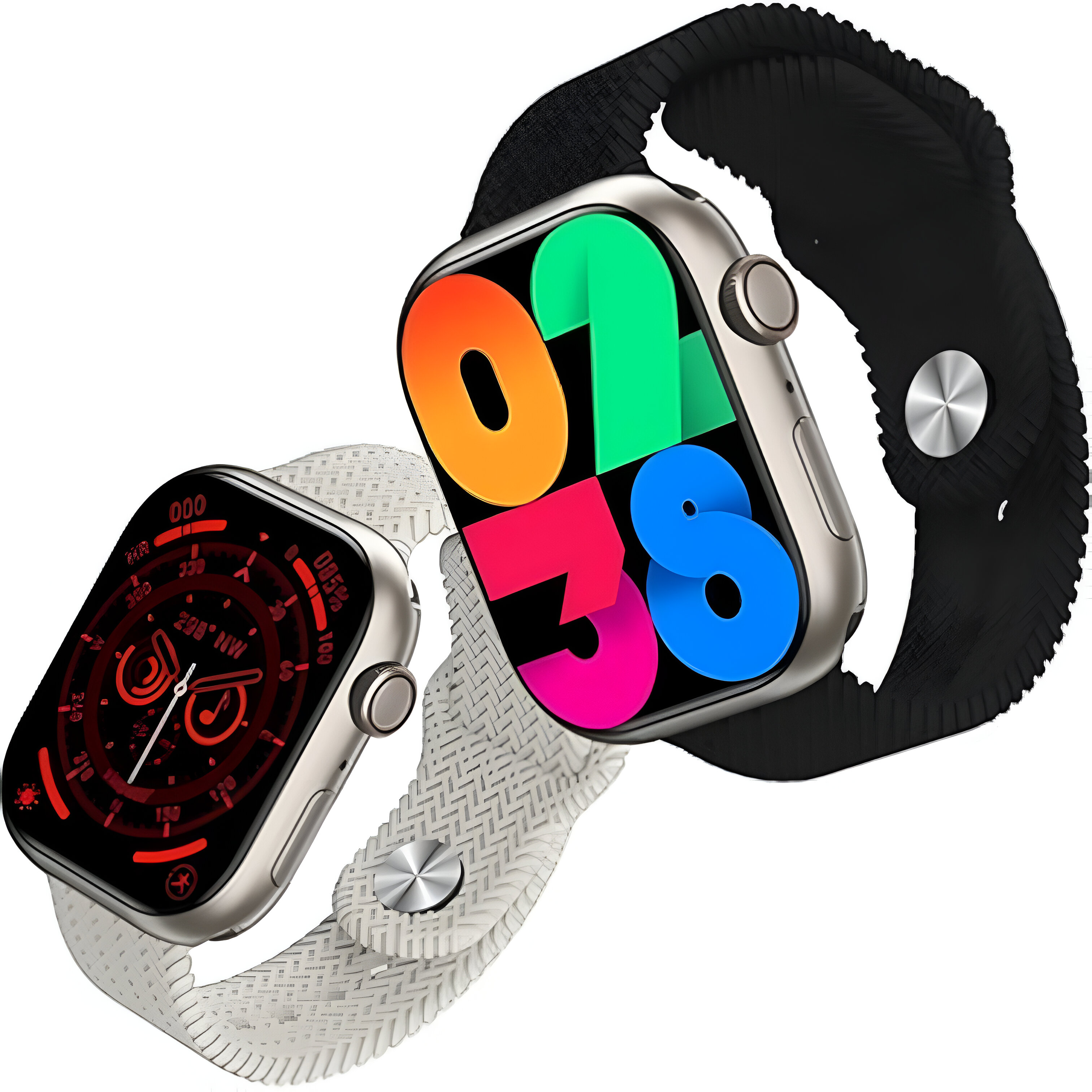 Dos smartwatches, uno con una interfaz colorida y otro con una interfaz en blanco y negro.