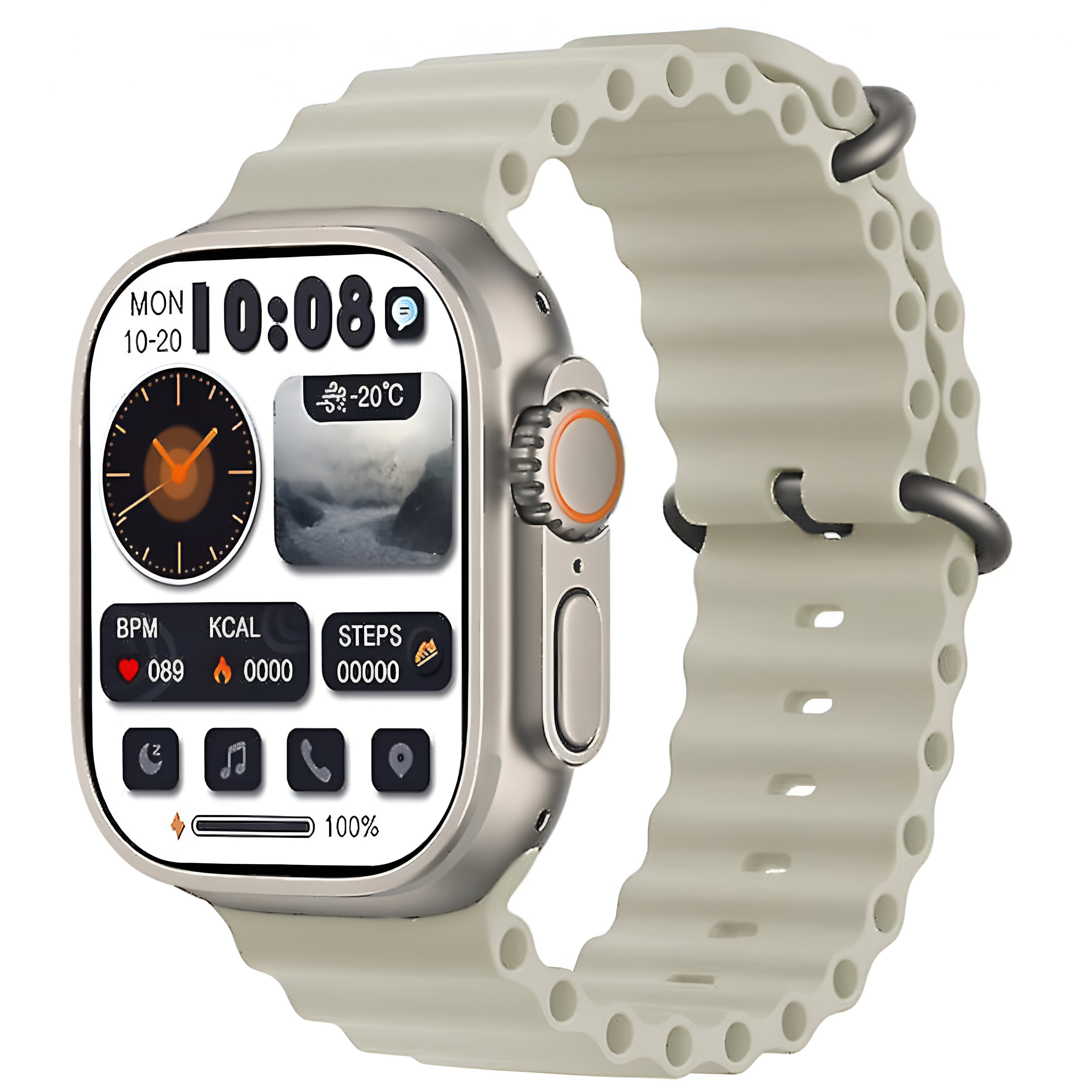 Un smartwatch con pantalla digital que muestra la hora, el clima y métricas de salud.