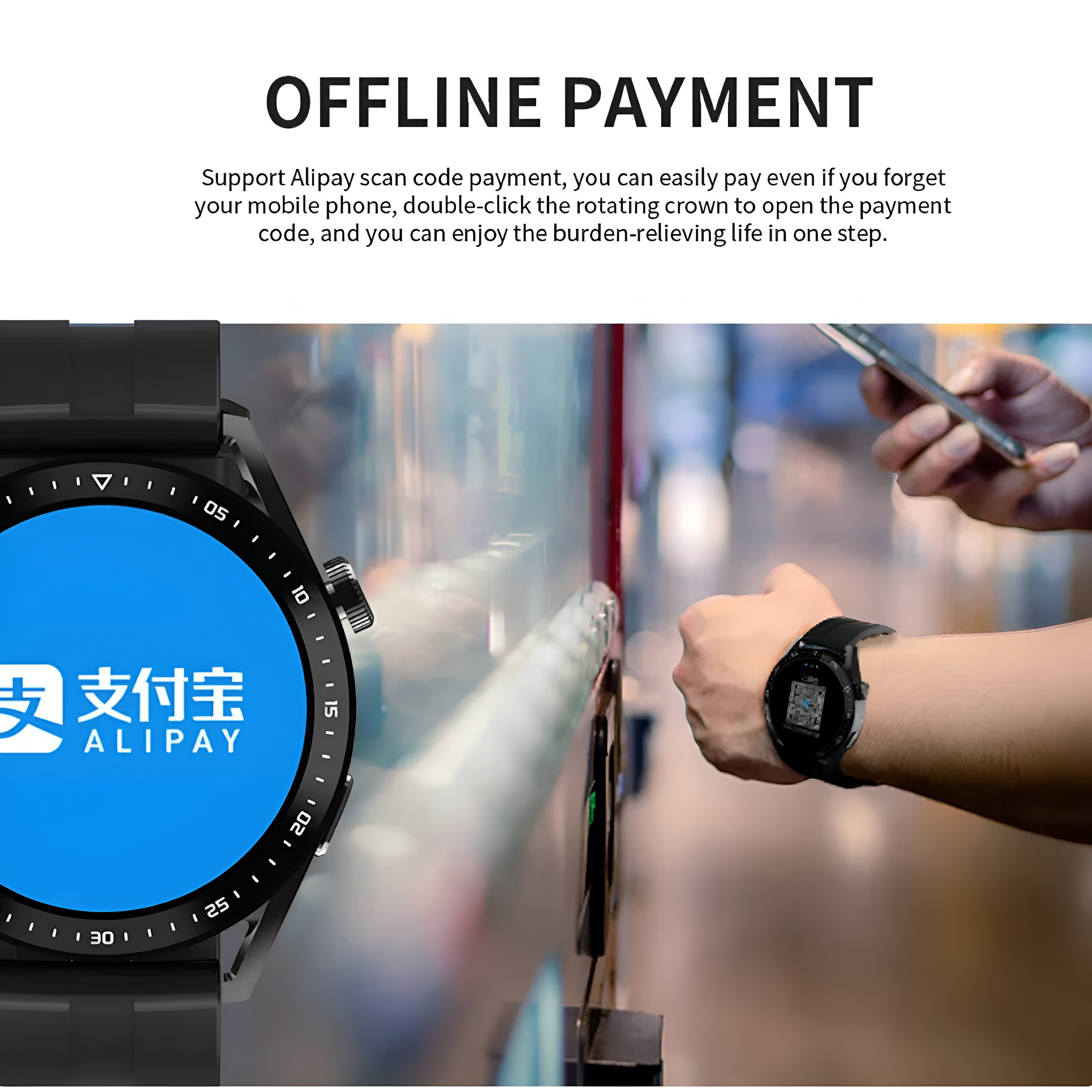 Un reloj inteligente con el logo de Alipay en su pantalla y una persona sosteniendo un teléfono.