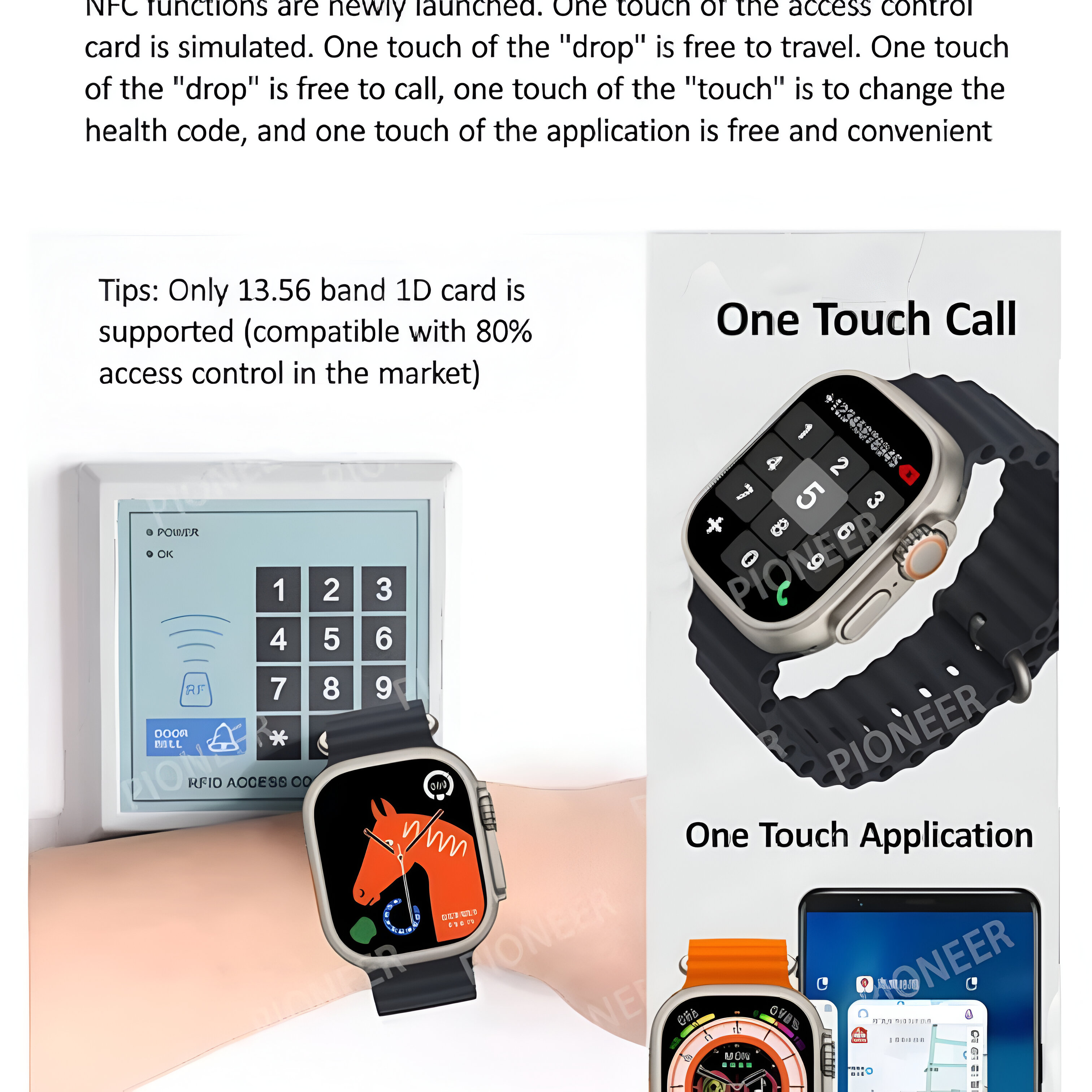 Smartwatch y teléfono con texto sobre características y funcionalidades.