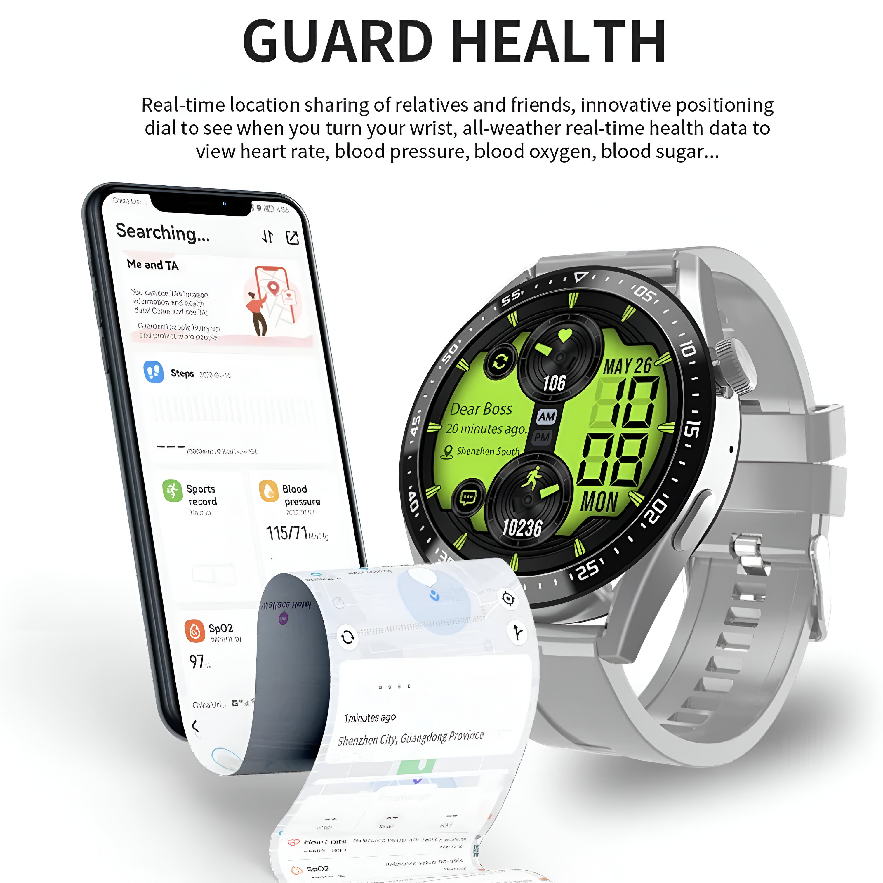 Un reloj inteligente que muestra datos de salud junto a un teléfono que muestra métricas de salud y una impresión.